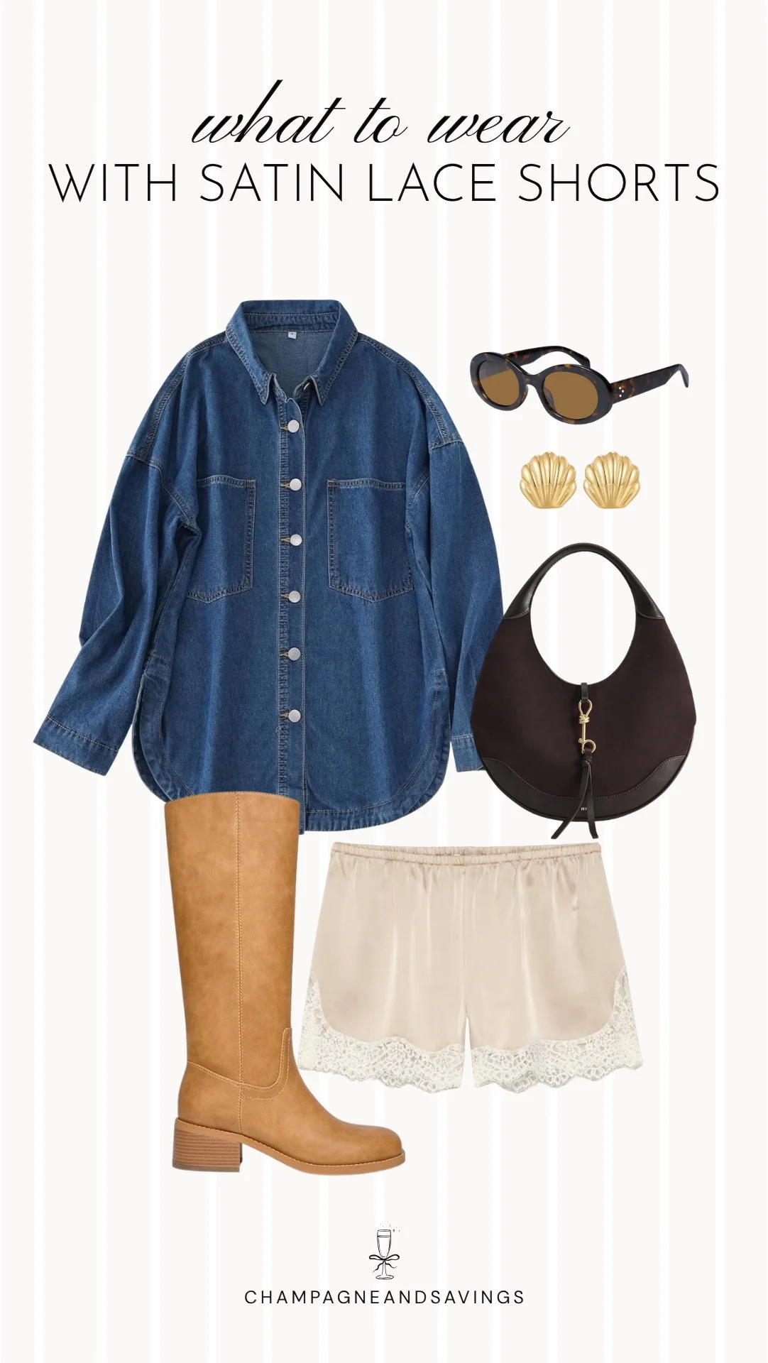 Collage of outfit pieces featuring satin lace shorts styled with an oversized denim shirt and tall boots for a laid-back, edgy outfit