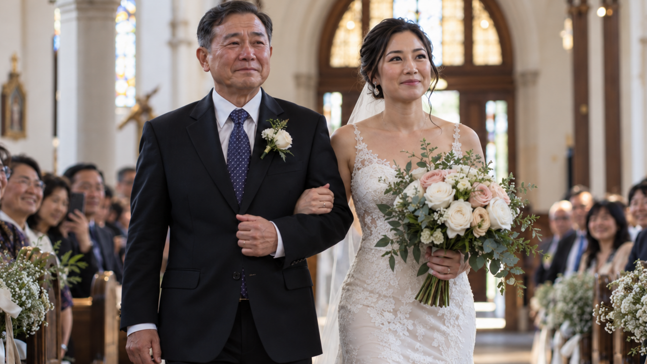 Bride holding a white bouquet walking arm in arm with her father down a church aisle.