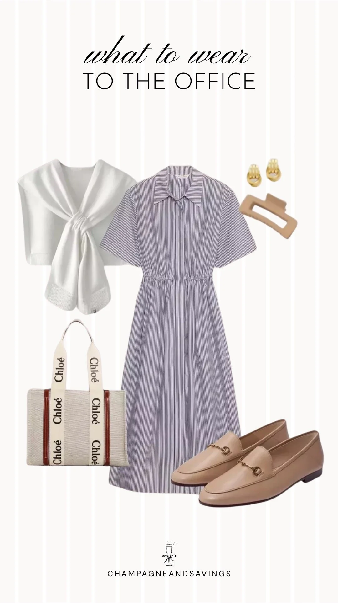 Collage of outfit pieces featuring a striped shirt dress styled with a sweater draped over the shoulders for a polished and comfortable summer office outfit idea when the office is freezing.