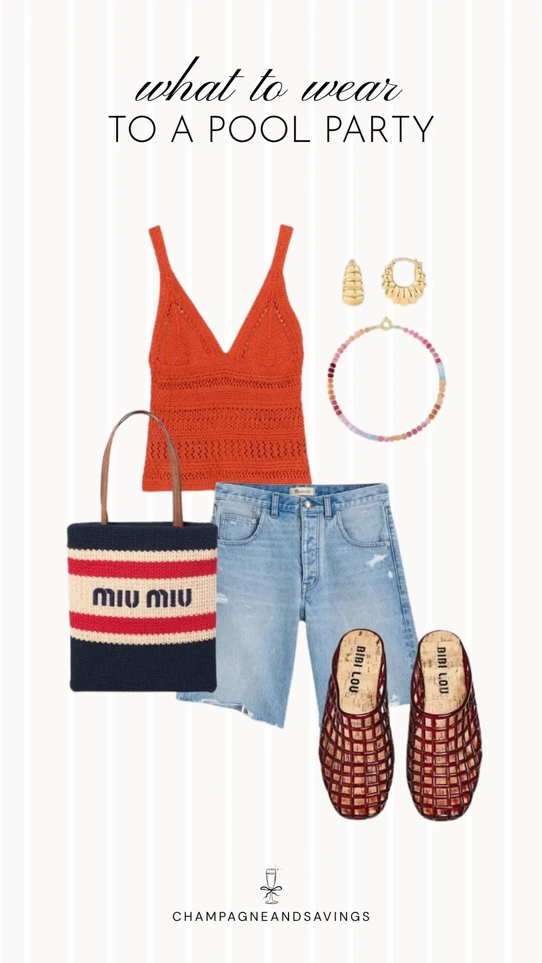 Collage of outfit pieces featuring a crochet tank styled with denim shorts for a casual and trendy pool party outfit idea.