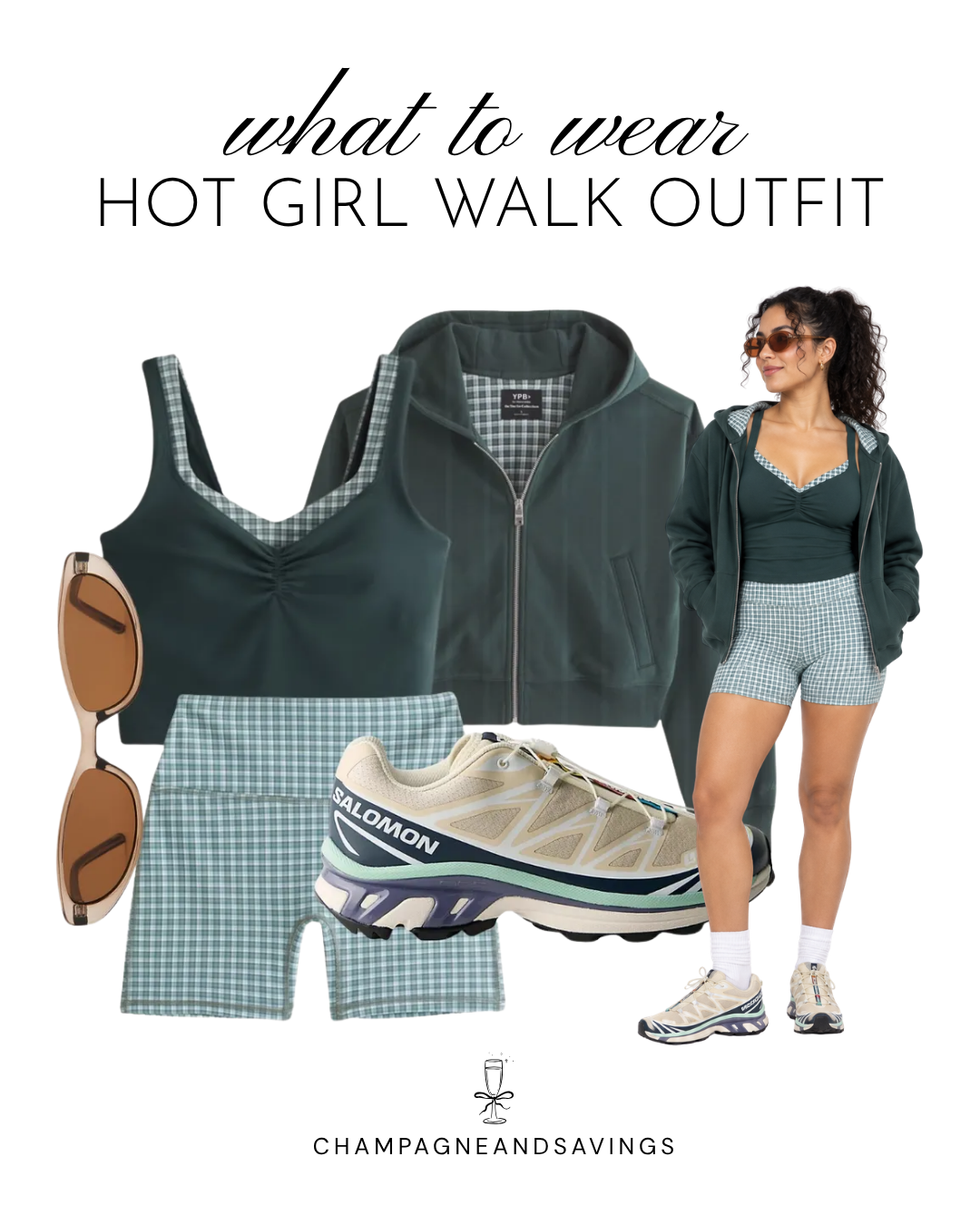 Hot girl walk outfit idea featuring gingham biker shorts paired with a zip-up hoodie, shown in a collage of outfit pieces for a cute and casual walking outfit.