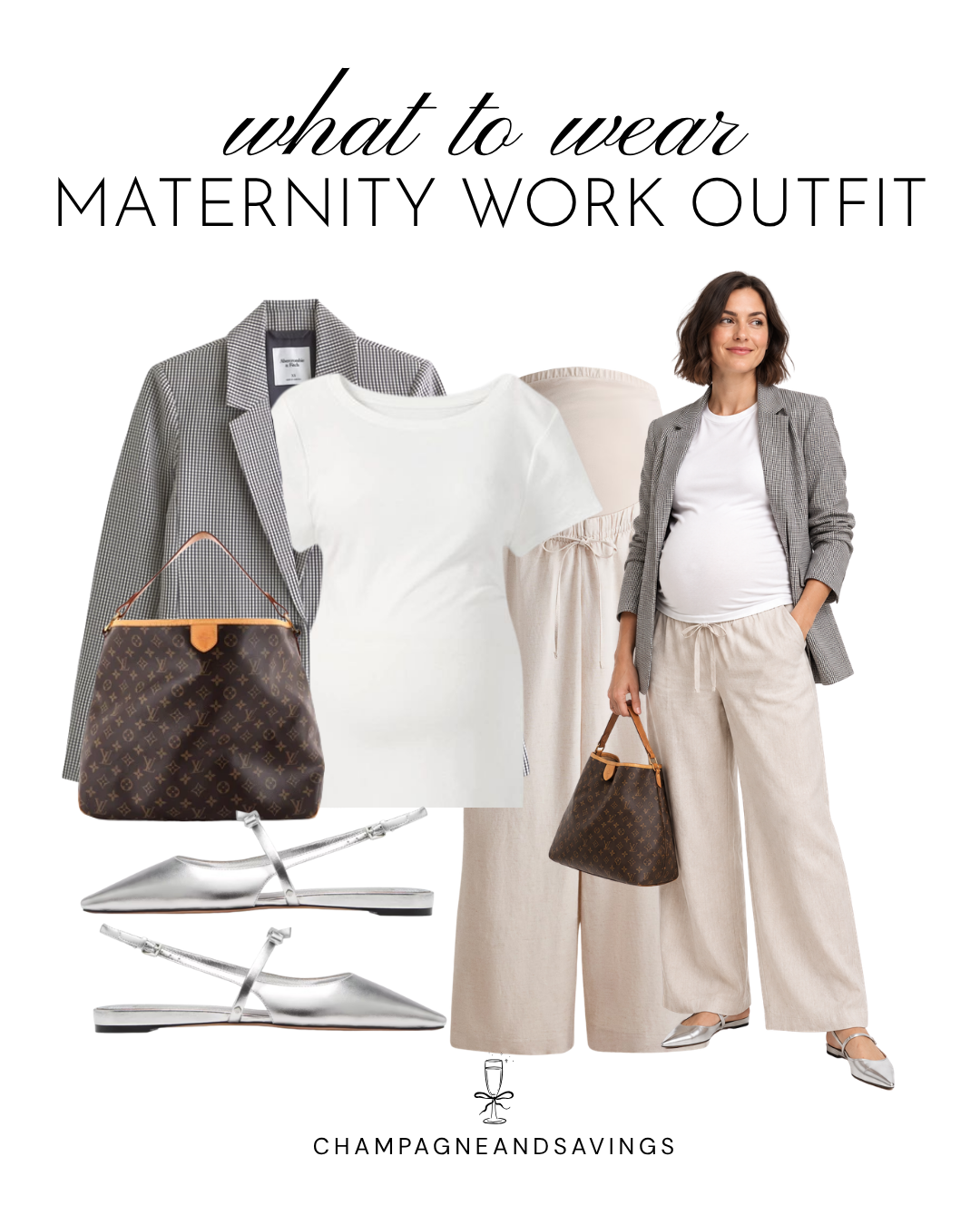 Maternity work outfit idea featuring wide-leg pants paired with a checked blazer, shown in a collage of outfit pieces for a chic, comfortable, and professional pregnancy-friendly look.