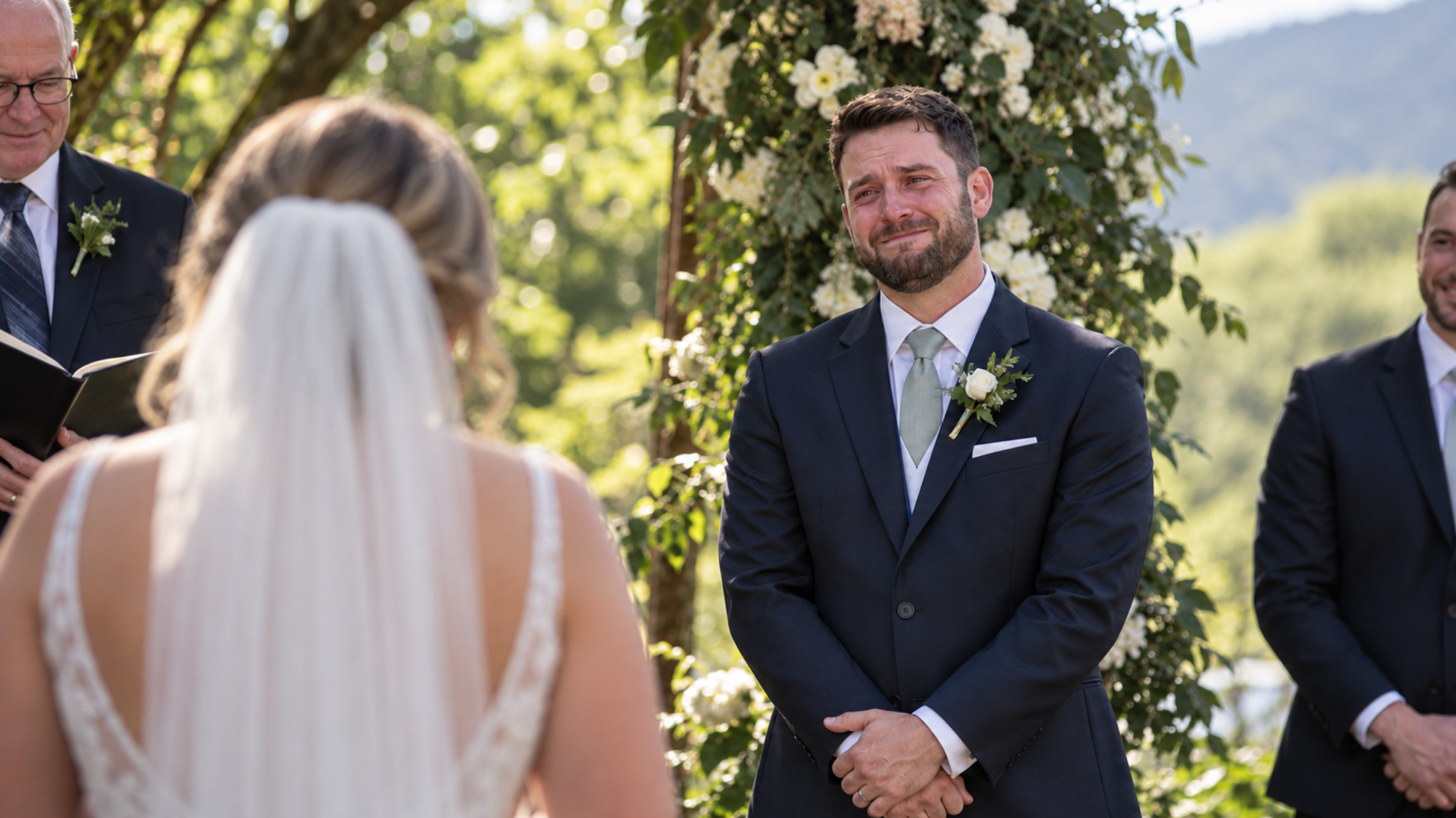 Emotional groom looking at his bride at the altar during an outdoor wedding ceremony.