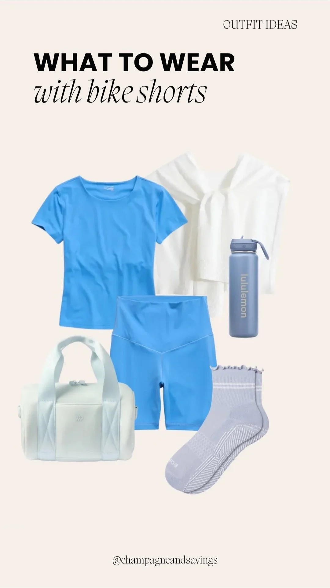 collage of bike shorts outfit idea featuring bike shorts styled with a blue matching set layered with a white hoodie, including coordinated outfit pieces arranged on a clean background