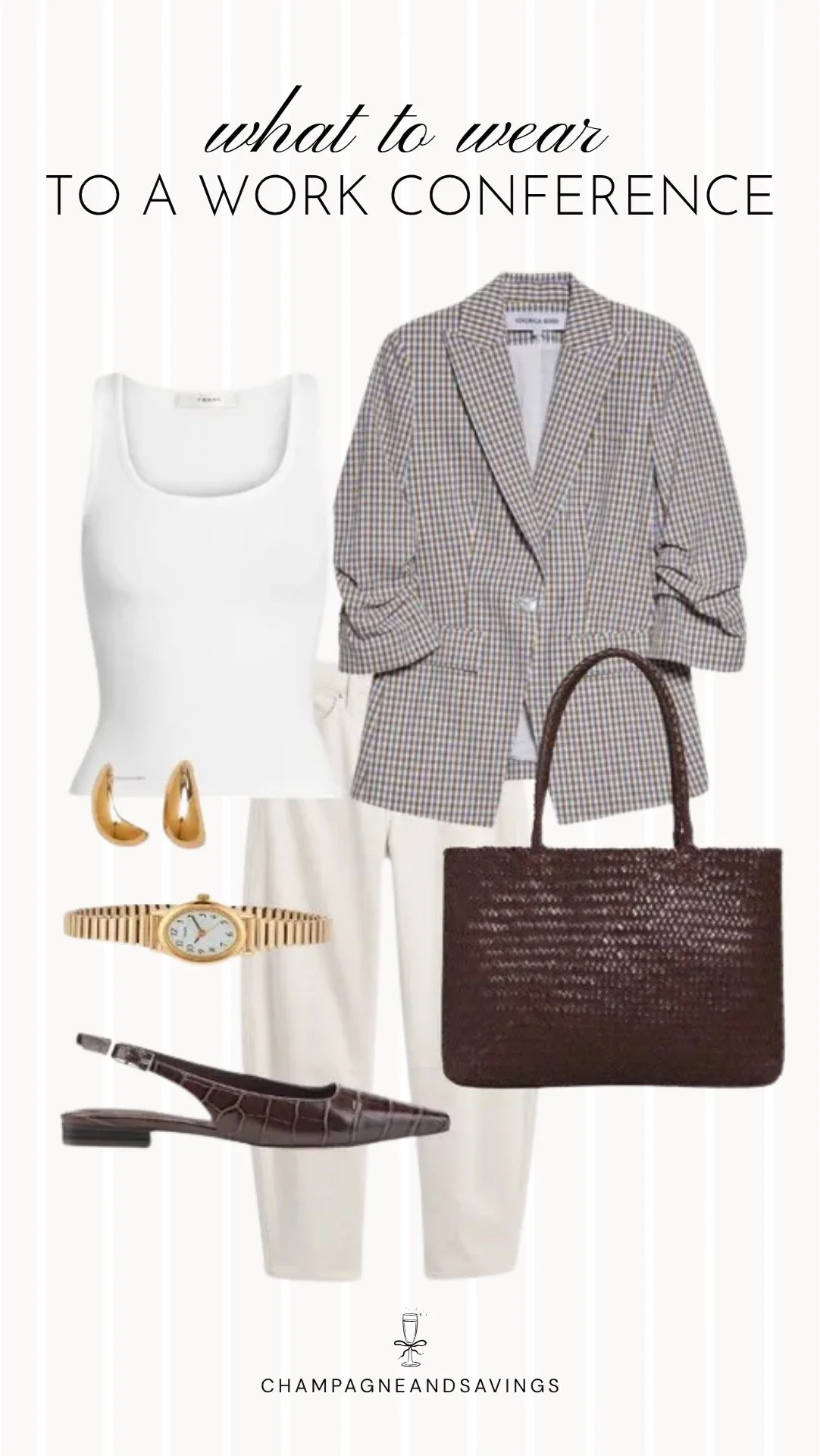 Collage of work conference outfit pieces featuring a check blazer, white jeans, and slingback flats for a polished business-casual look that balances professionalism and style.