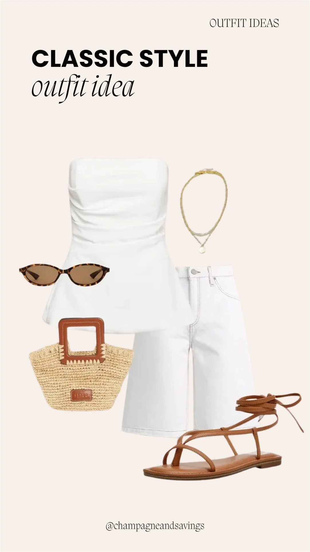 Image of a classic outfit collage featuring a white strapless top and white denim Bermuda shorts styled together with coordinating accessories arranged as outfit pieces