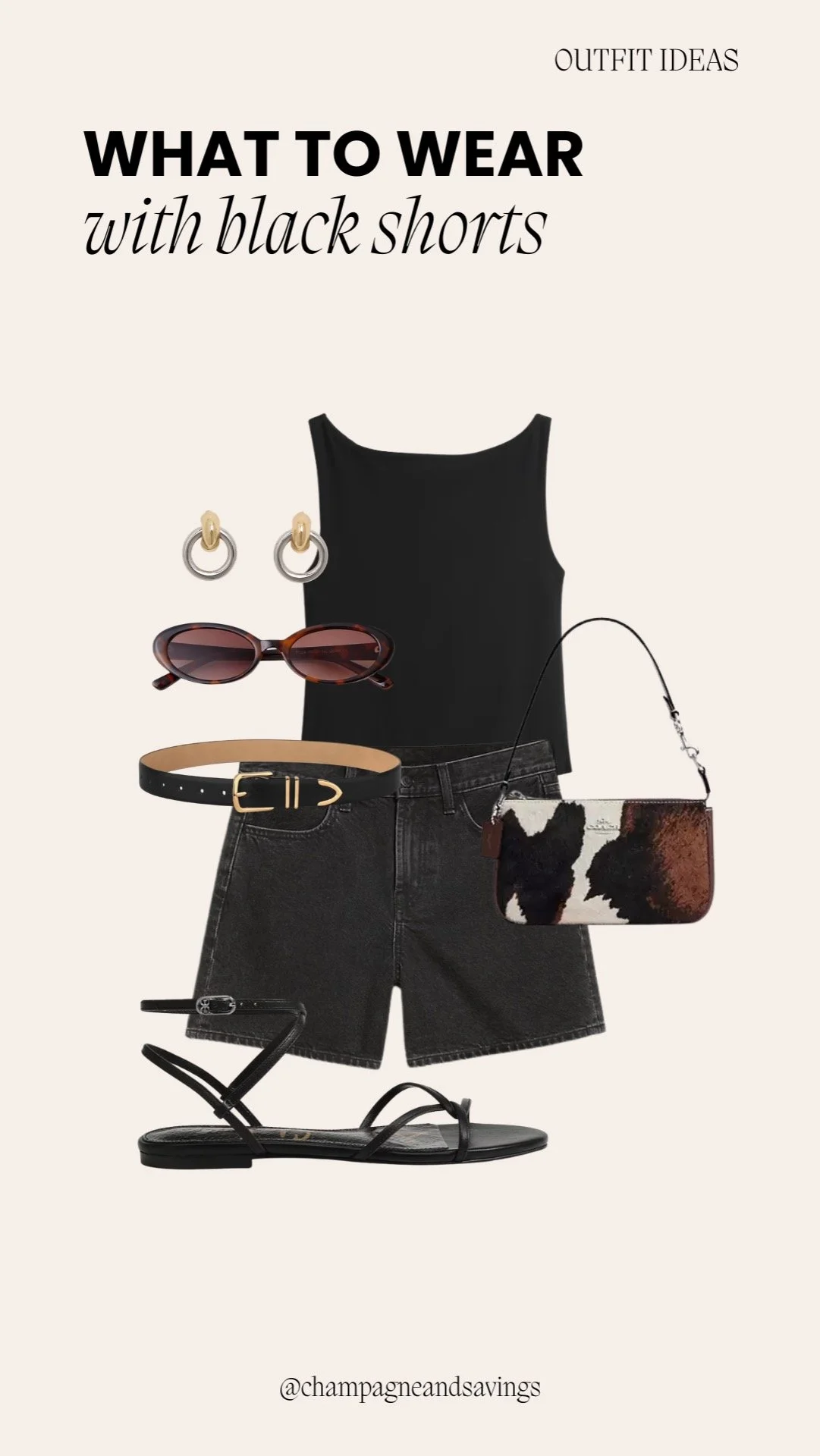 Collage of outfit pieces for a “Chic Minimalist Summer Look” black shorts look, featuring black shorts paired with sleek minimalist tops and accessories, styled in a polished chic summer aesthetic.