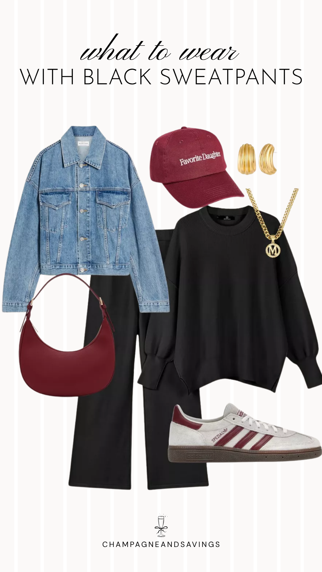 Black sweatpants outfit idea collage featuring a denim jacket layered over an oversized sweater with black sweatpants for a cozy, casual look.