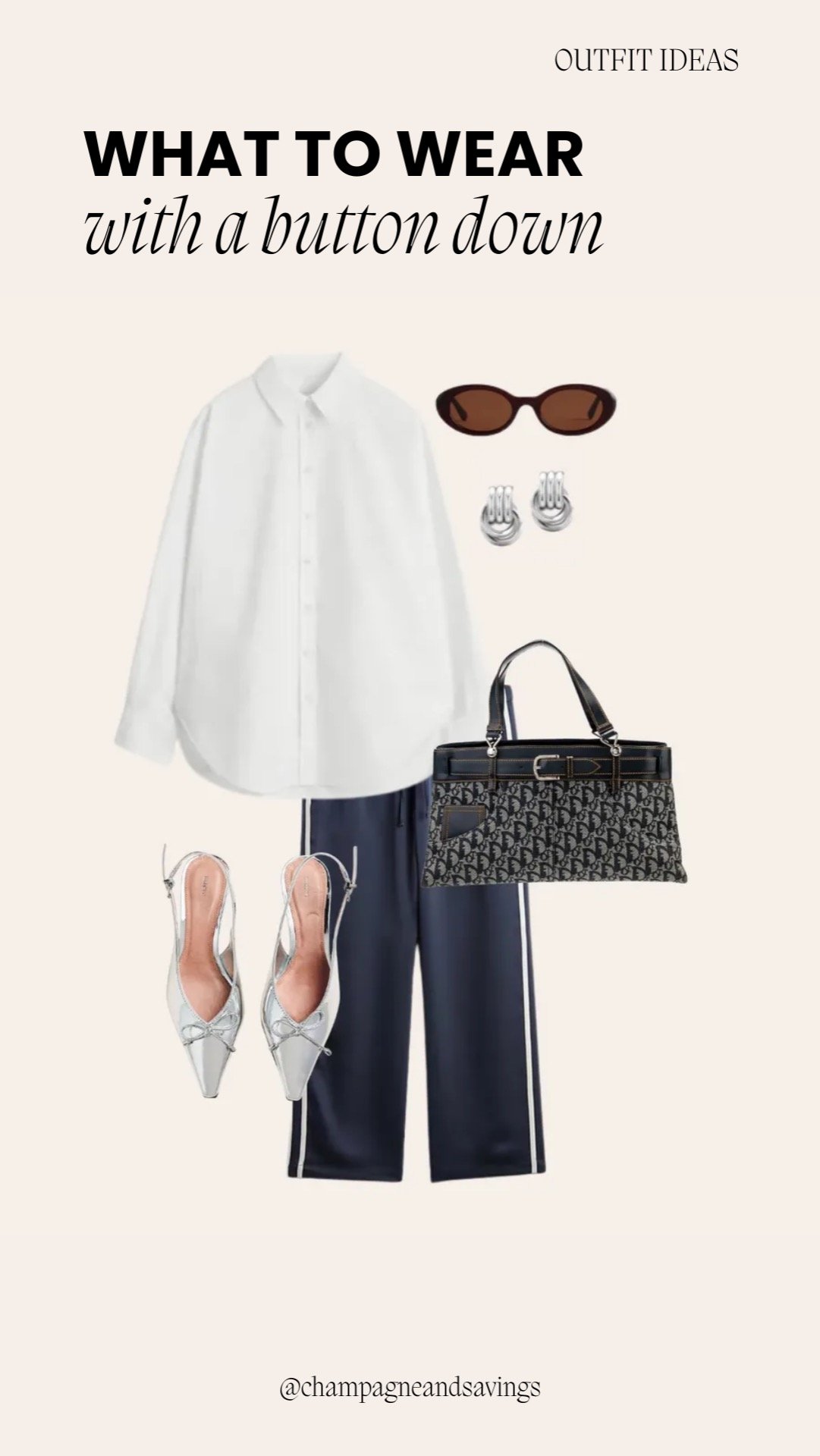 Button down shirt outfit idea featuring track pants styled with a button-down shirt and slingback heels, shown in a collage of outfit pieces.