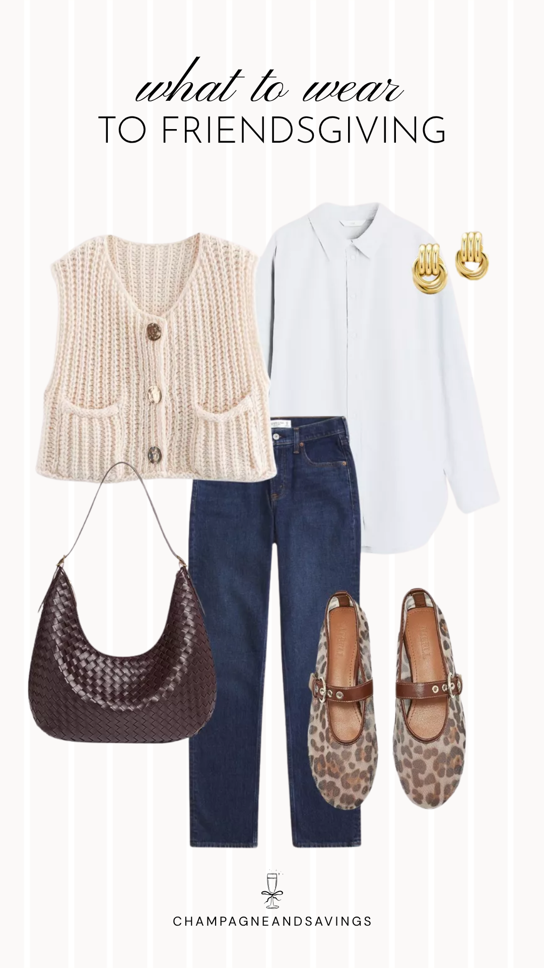 Friendsgiving outfit idea featuring a sweater vest layered over a button-down shirt and paired with leopard flats, styled together in a classic fall fashion collage for a cozy and polished Friendsgiving look.