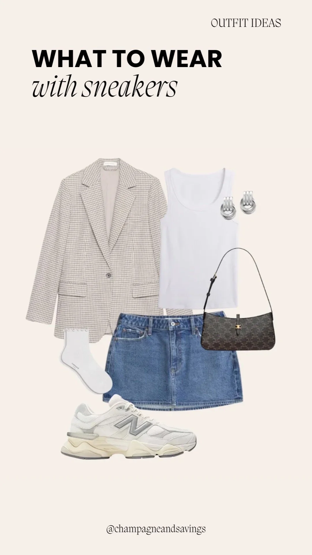 Collage showing a blazer styled with dad sneakers for a chic, casual look.