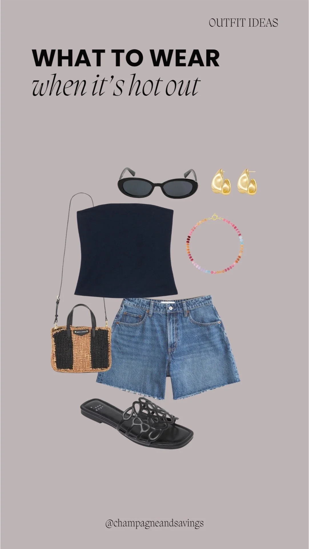 Hot weather outfit collage featuring a black tube top paired with denim shorts and slide sandals, styled with minimal summer accessories for a casual, breathable look