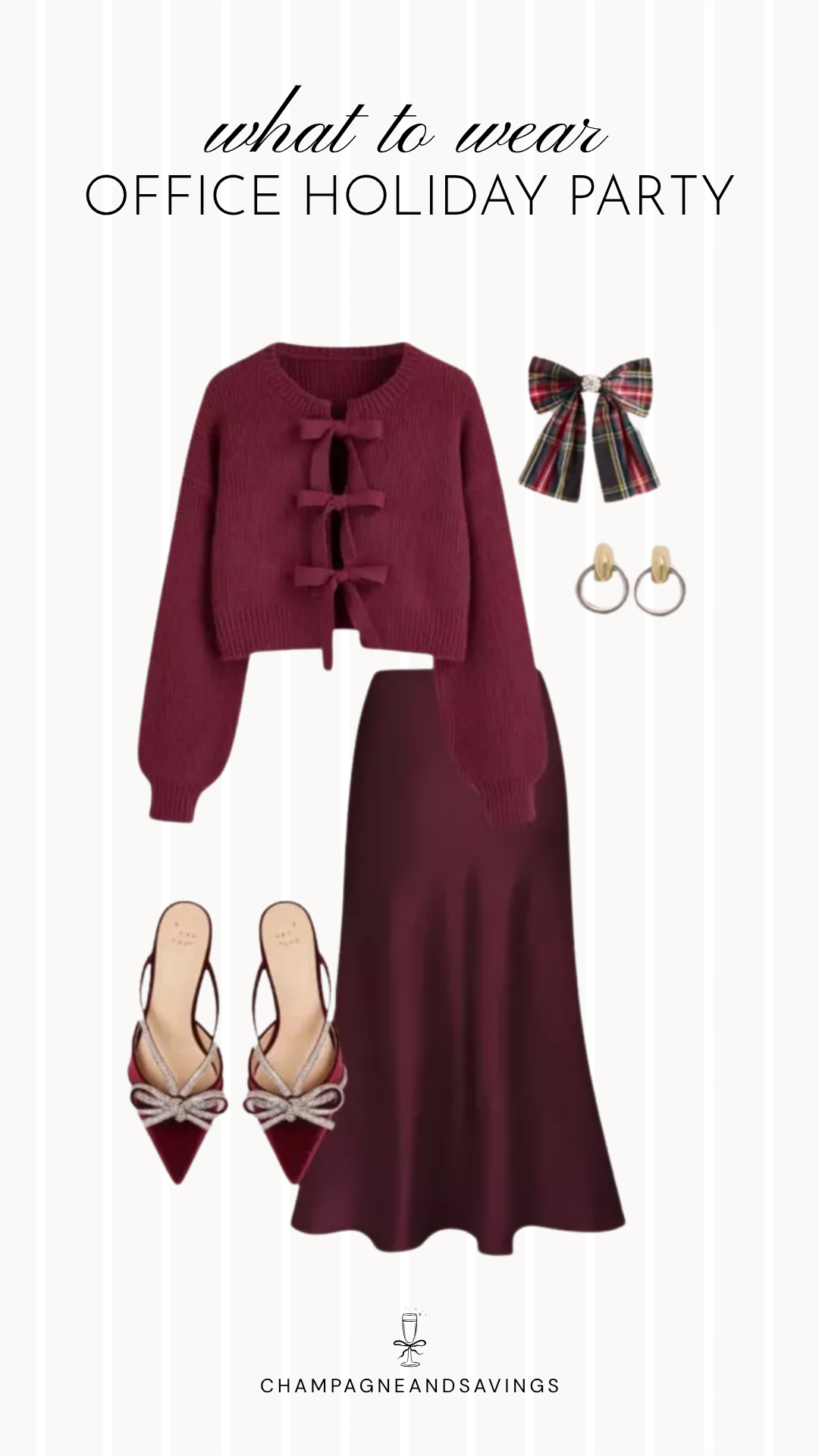 Work holiday party outfit idea featuring a burgundy satin skirt styled with a bow cardigan and coordinating outfit pieces for a cute, festive office party look.