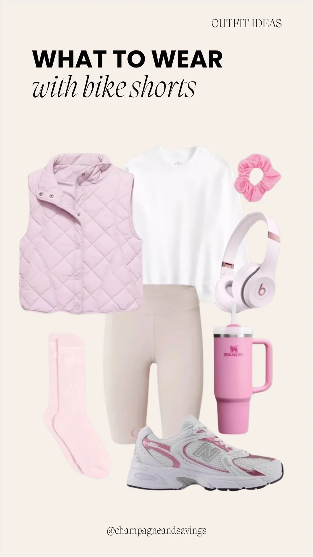 collage of bike shorts outfit idea featuring black bike shorts styled with a puffer vest and casual sneakers, including outfit pieces arranged on a clean background