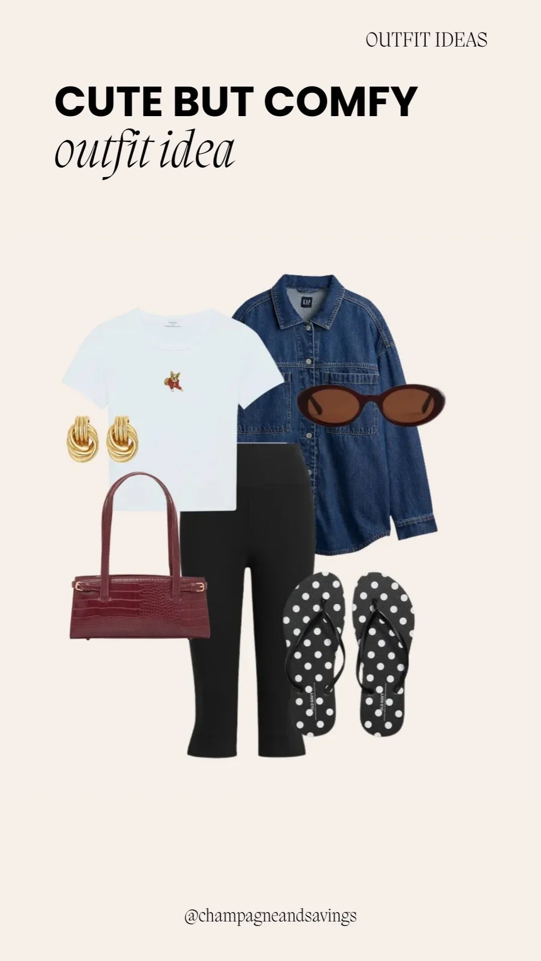 Outfit collage showing a cute and comfy outfit idea with a denim shirt, capris, and flip flops.