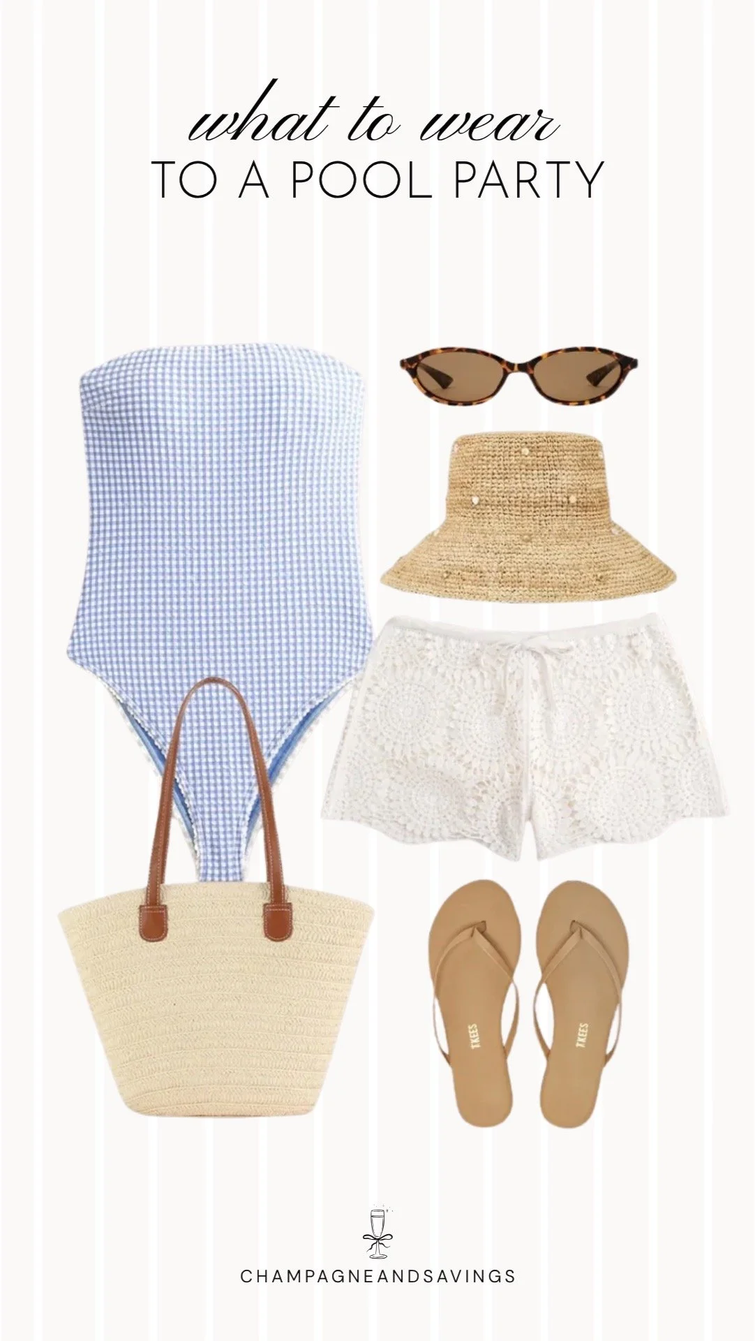 Collage of outfit pieces featuring a gingham one piece swimsuit styled with crochet shorts for a cute and trendy pool party outfit idea.