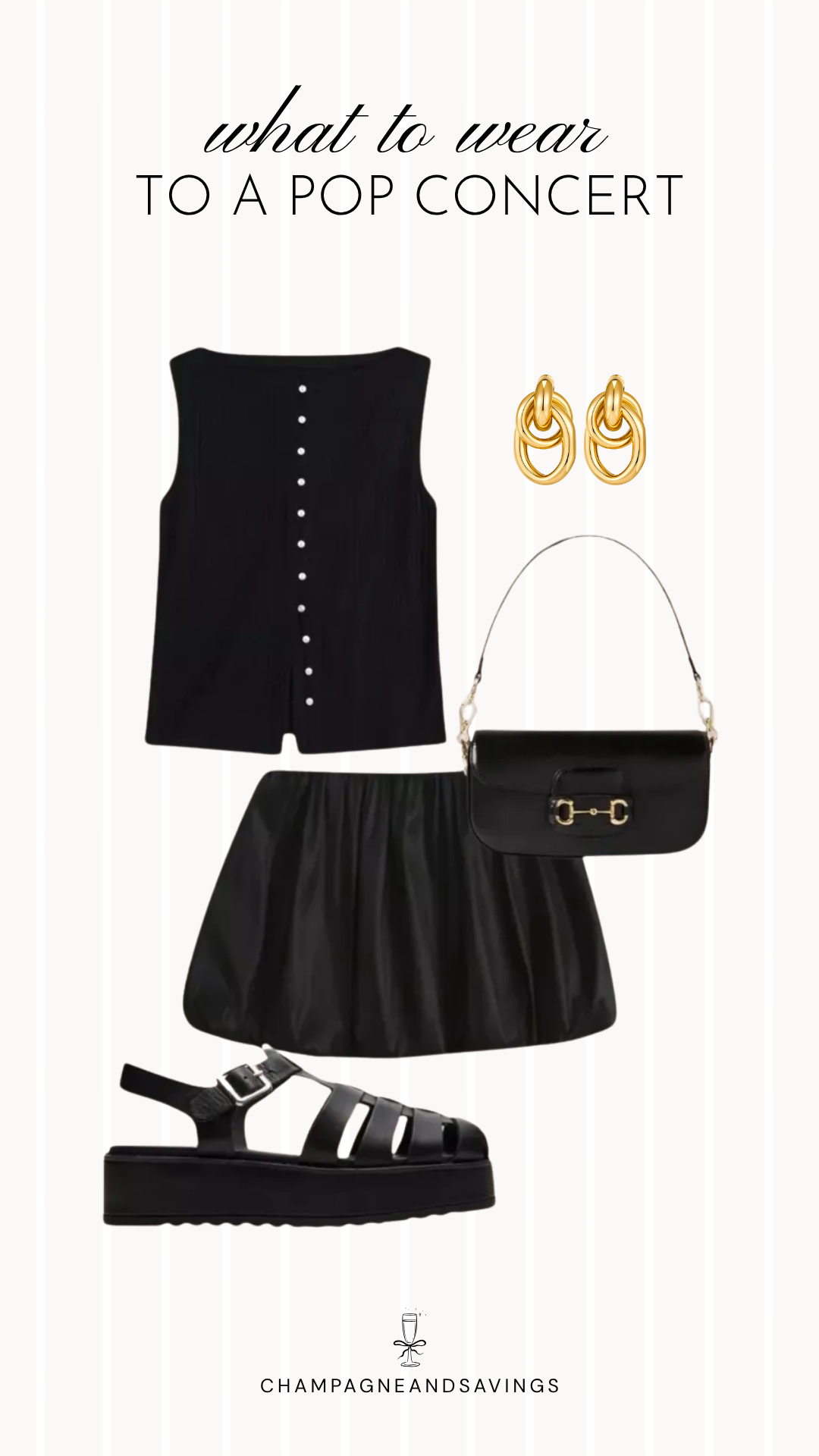 Collage of outfit pieces featuring an all-black outfit with a bubble skirt and fisherman sandals, creating a chic and modern pop concert outfit idea.