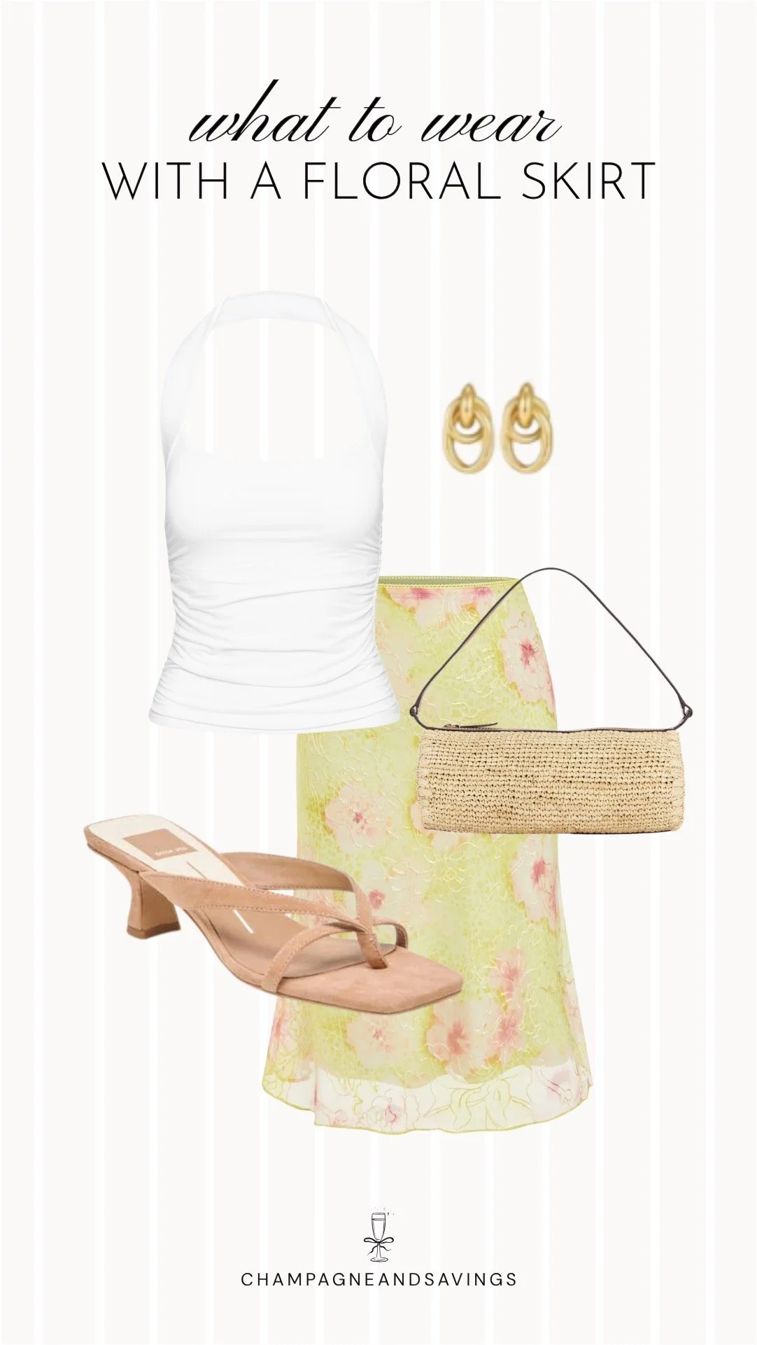 Collage of outfit pieces featuring a floral skirt styled with a halter top and suede sandals for a relaxed, warm-weather outfit