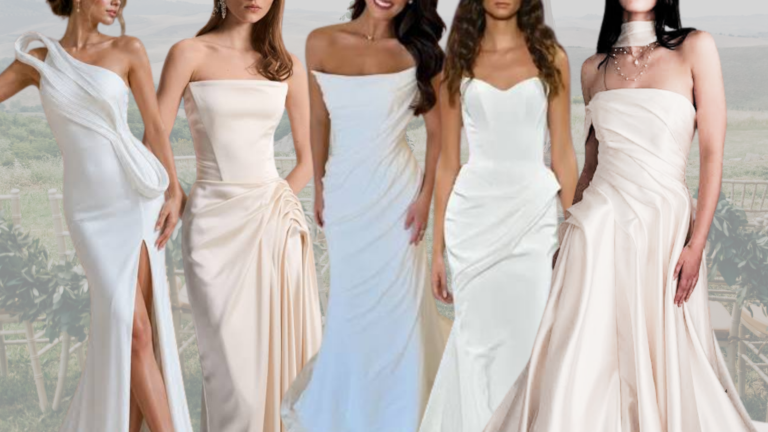 Collage of trending wedding gowns for 2027 featuring sculptural draping.