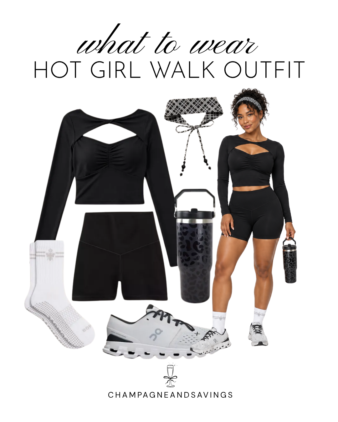 Hot girl walk outfit idea featuring a black cutout top paired with biker shorts, shown in a collage of outfit pieces for a cute and sporty walking outfit.