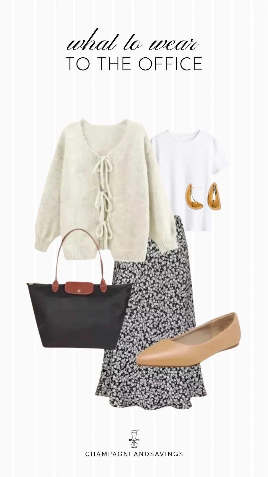 Collage of outfit pieces featuring a floral maxi skirt styled with a tie front cardigan for a feminine and cozy summer office outfit idea for cold office days.