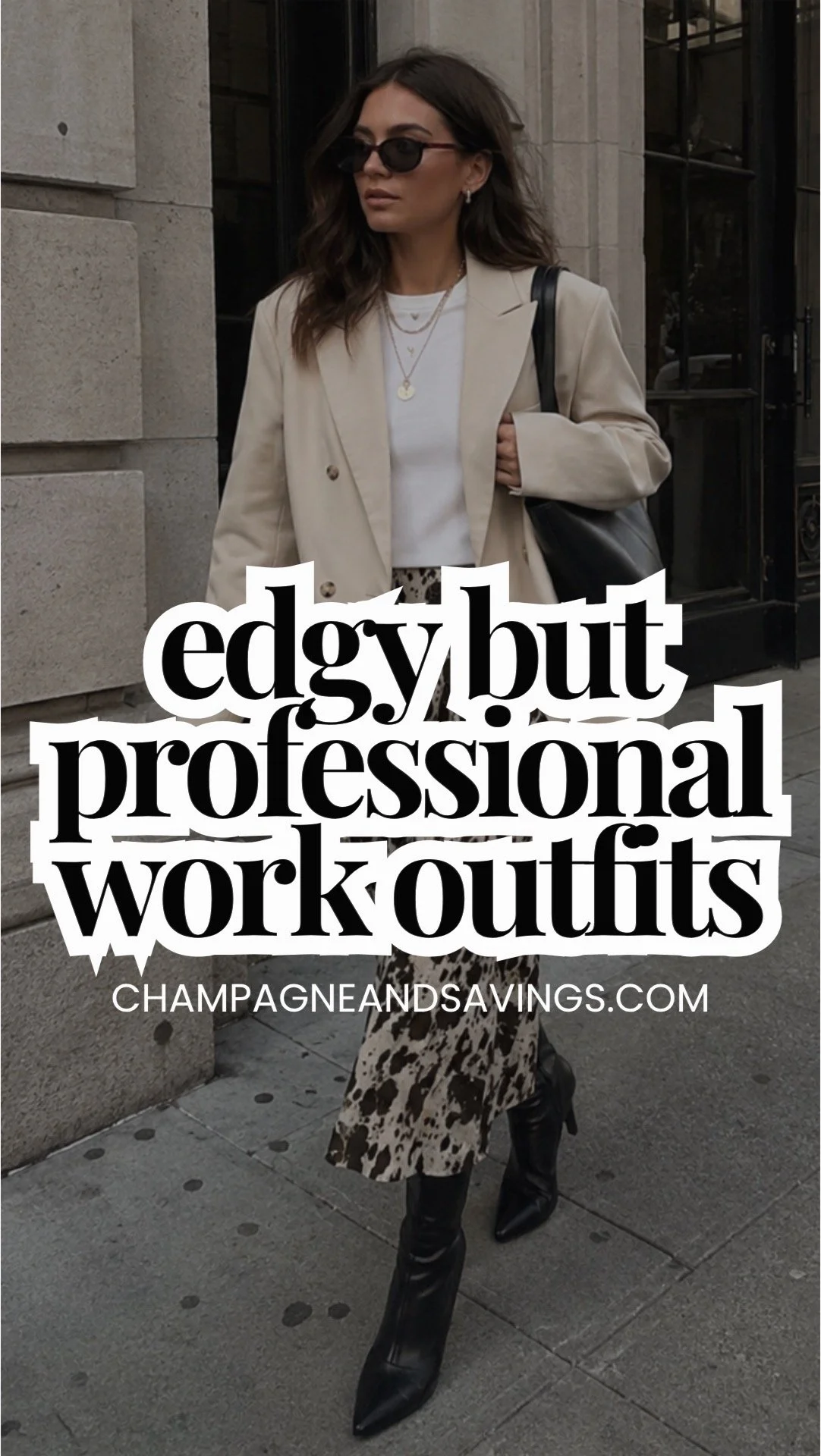 Image that says Edgy But Professional Work Outfits and has a girl in the background in a styled outfit.