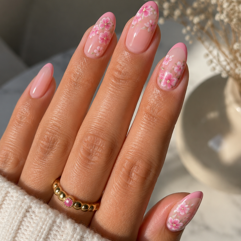 Pink manicure idea featuring Cherry Blossom Florals.