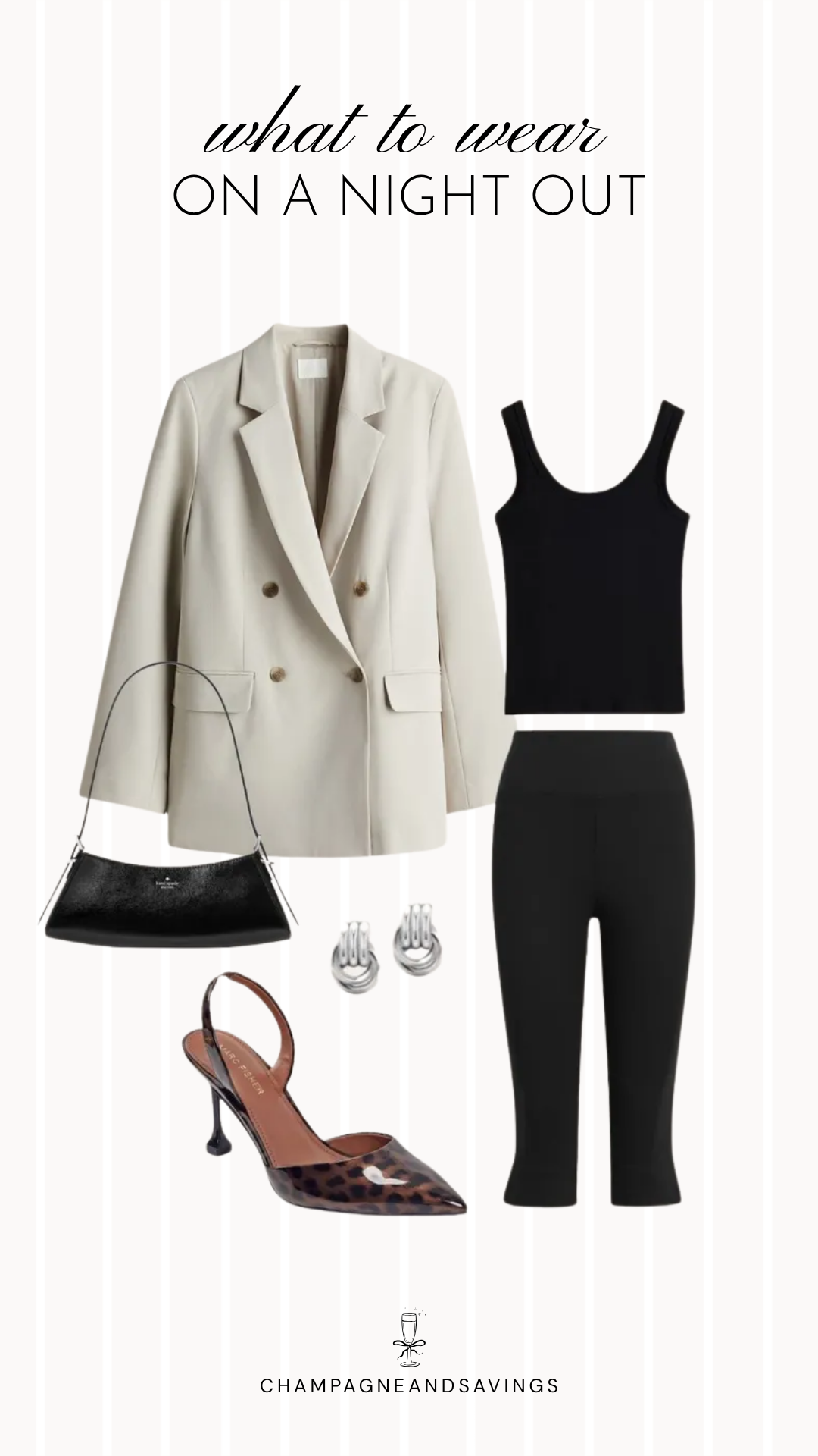 Fall going out outfit idea featuring a cream blazer layered over a tank with capri leggings, styled in a collage of outfit pieces for a chic and modern autumn night out look.