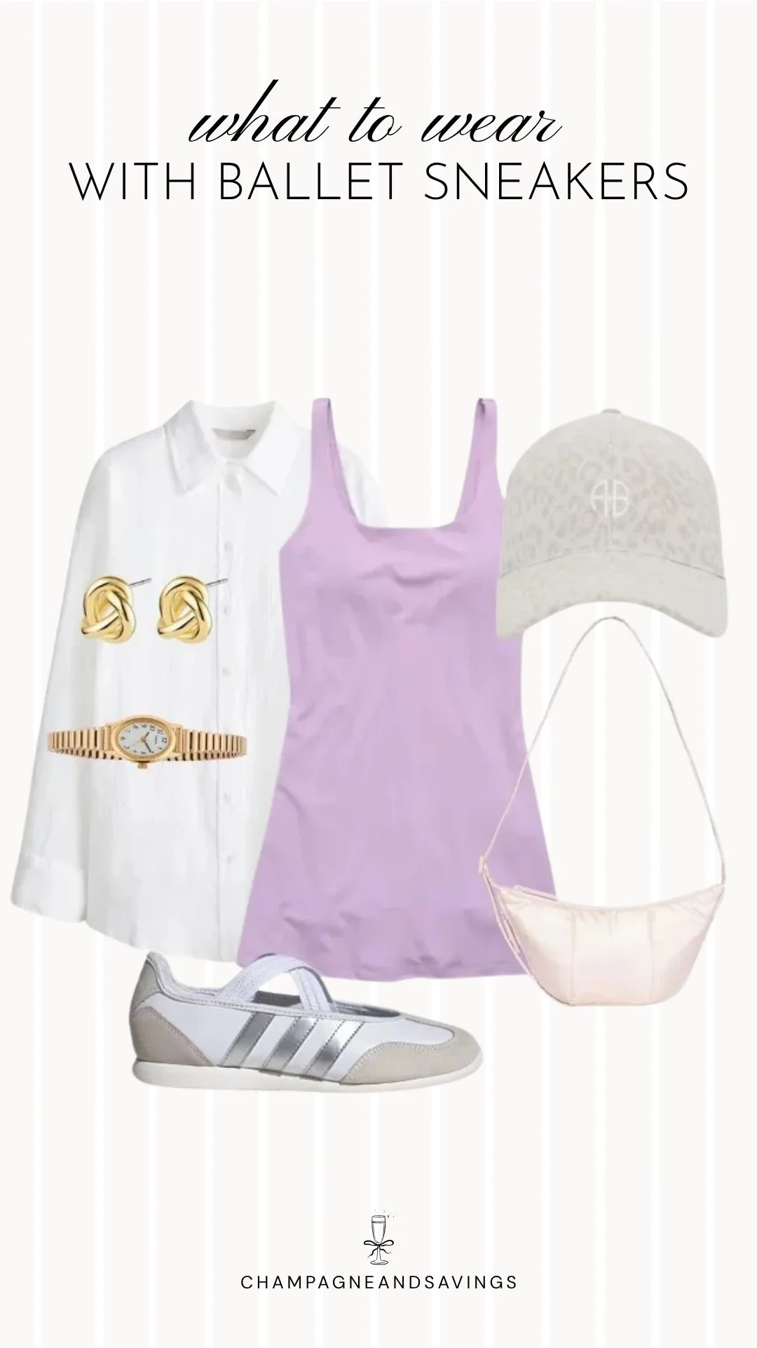 Collage of outfit pieces featuring ballet sneakers styled with an athletic dress and a layered button-down shirt for a sporty and effortlessly chic outfit.