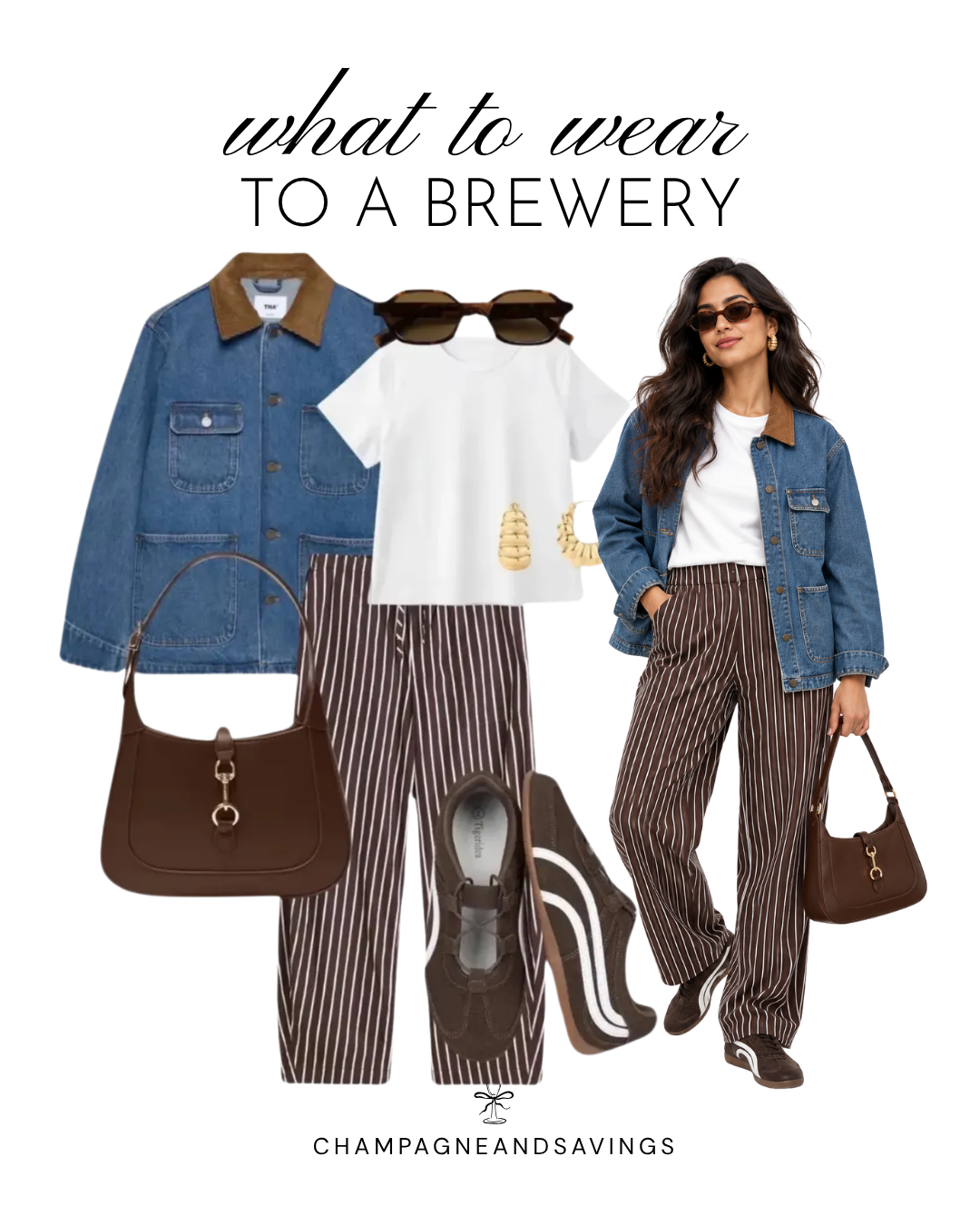Casual brewery outfit with a denim chore jacket, white T-shirt, brown pinstripe pants, and retro brown sneakers.
