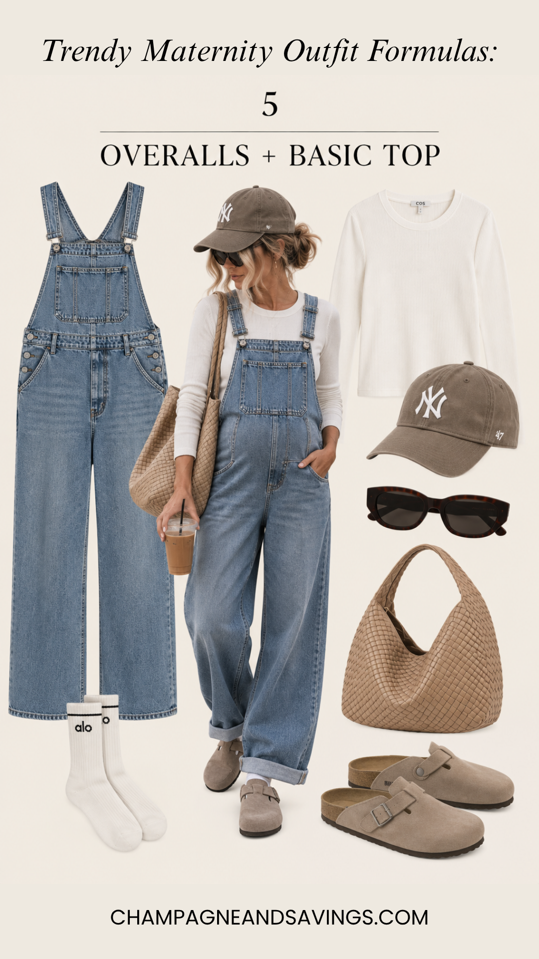 Comfy overalls with a basic top pregnancy outfit formula featuring a collage of outfit pieces and a styled look for a trendy pregnancy outfit.