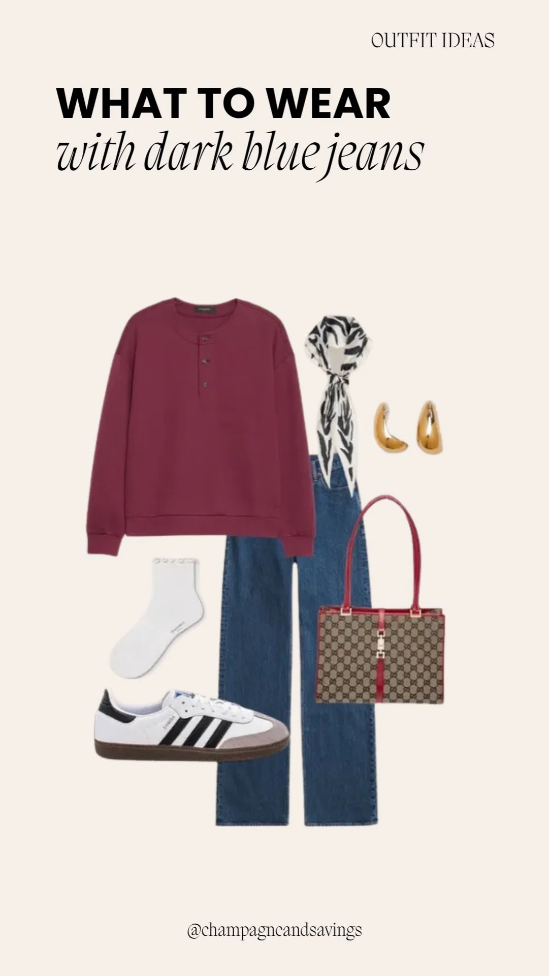 Collage of outfit pieces for a “Burgundy Sweatshirt + Sneakers” dark denim look, featuring dark denim paired with a burgundy sweatshirt and casual sneakers, styled in a relaxed sporty aesthetic.