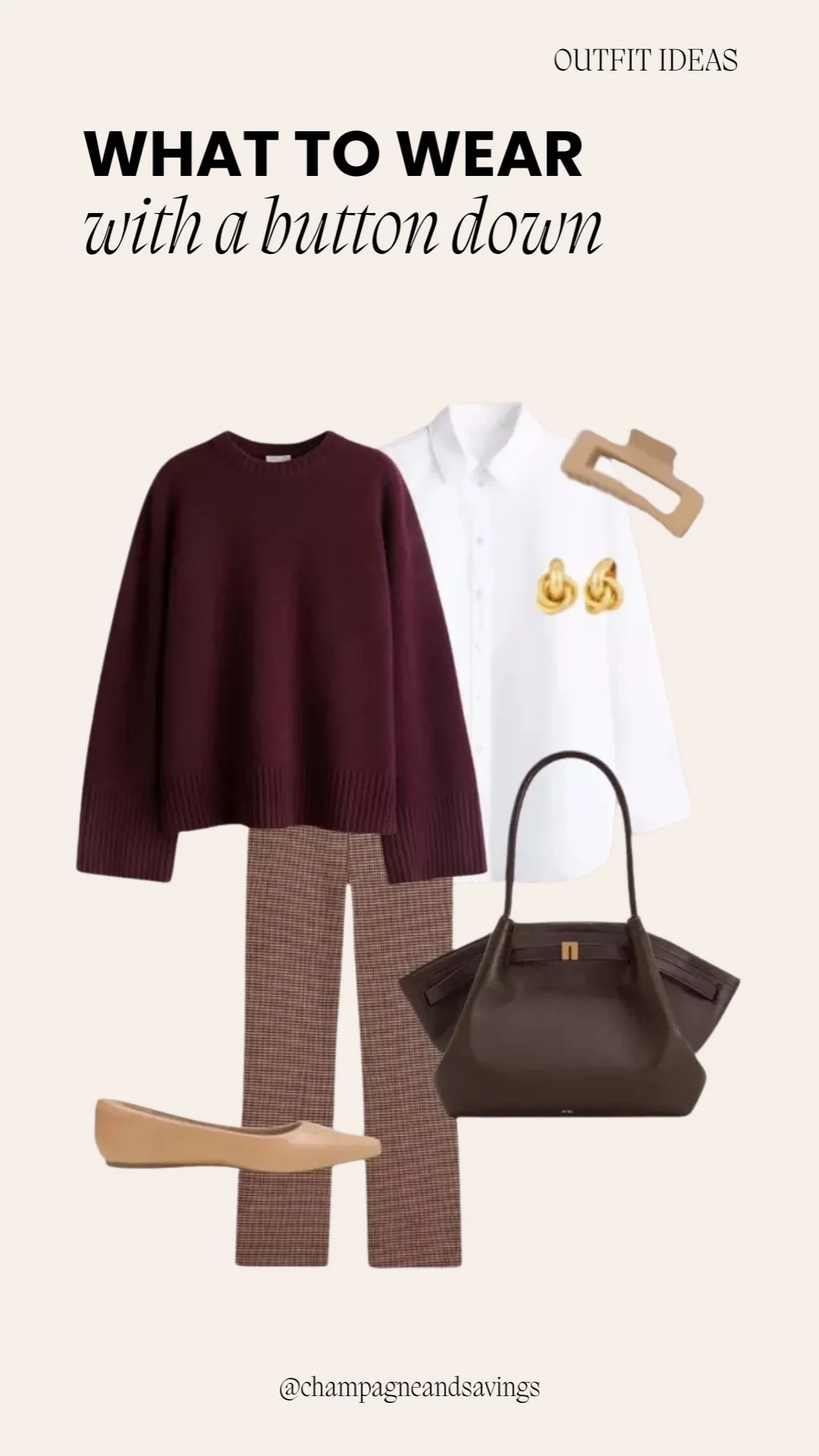 Button down shirt outfit idea featuring a burgundy sweater layered over a button-down shirt with tailored pants, shown in a collage of outfit pieces.