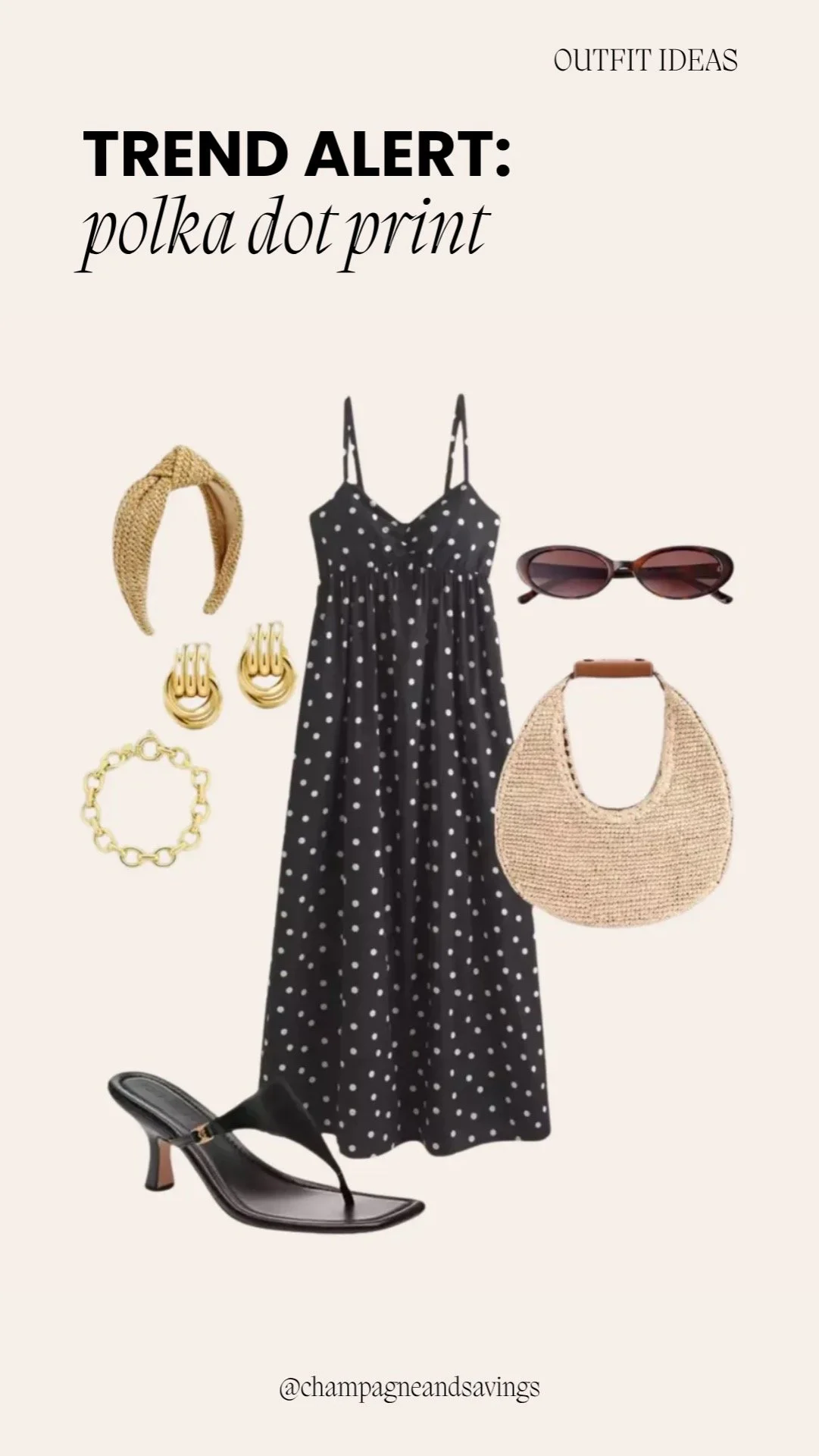 Collage of outfit pieces featuring a polka dot midi dress paired with kitten heels and a raffia bag, styled for an effortless, feminine look.