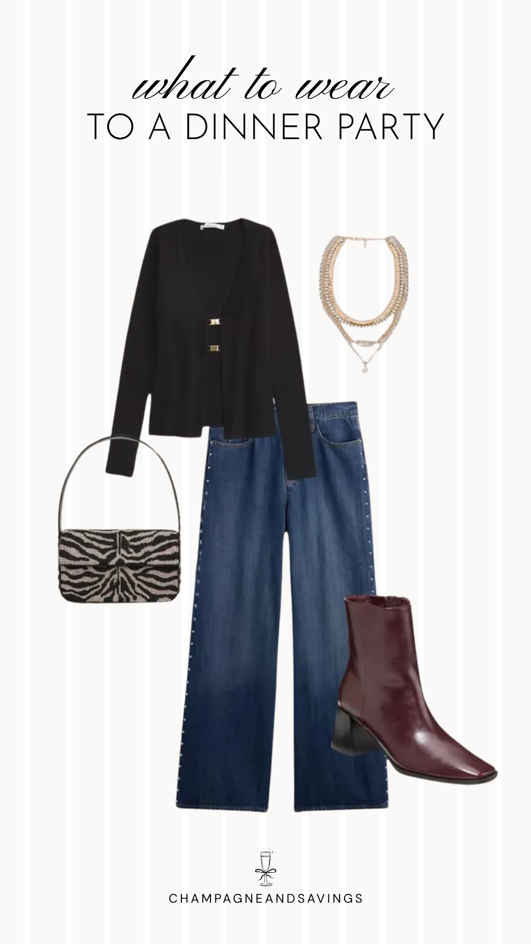 A dinner party outfit idea featuring a clasp cardigan paired with studded jeans for a chic fall look that blends cozy knitwear with modern statement details.