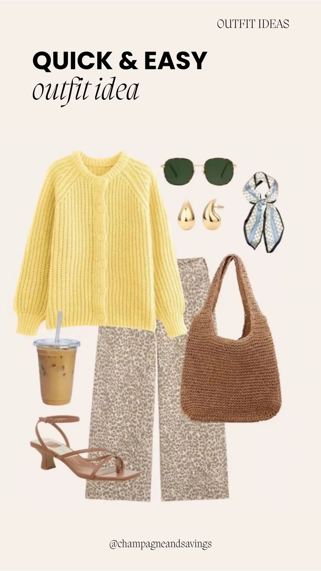 Collage of outfit pieces featuring a yellow sweater and leopard wide-leg pants for a bold, stylish statement look.