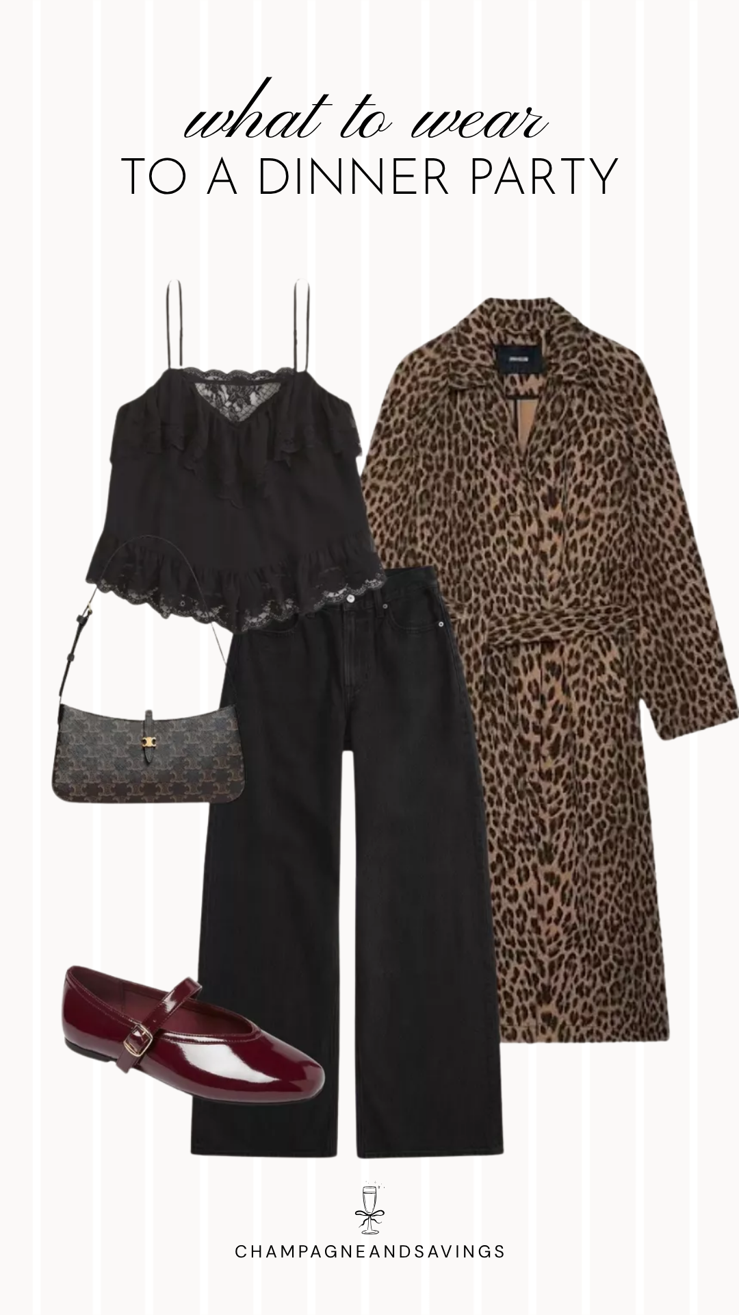 A dinner party outfit idea featuring a lace cami paired with black jeans for an effortlessly chic fall look that balances dressy details with everyday comfort.