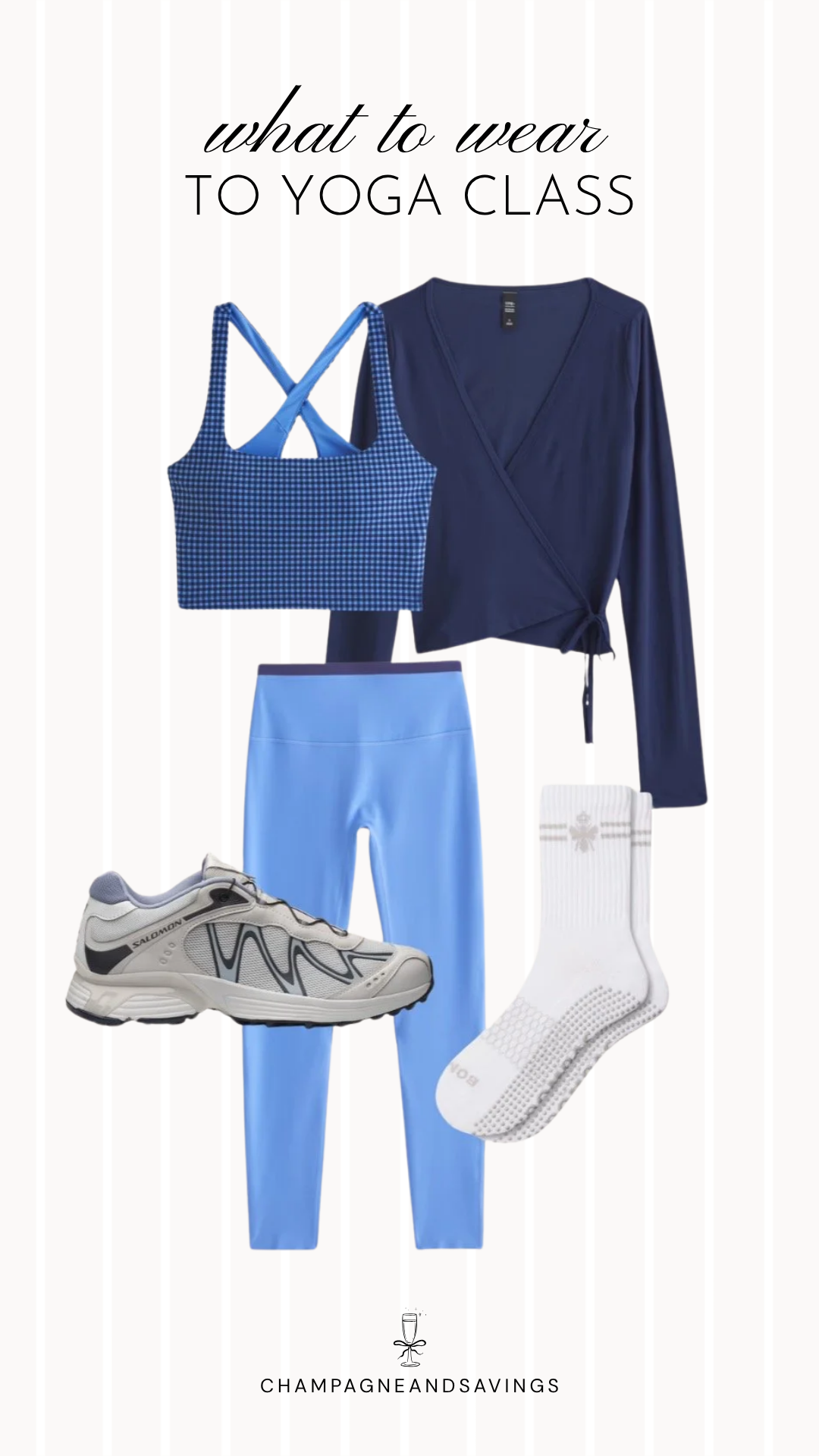 Collage of yoga outfit pieces featuring a blue gingham sports bra paired with periwinkle leggings and a navy wrap top, creating a colorful and comfortable outfit for yoga class, pilates, or stretching sessions.