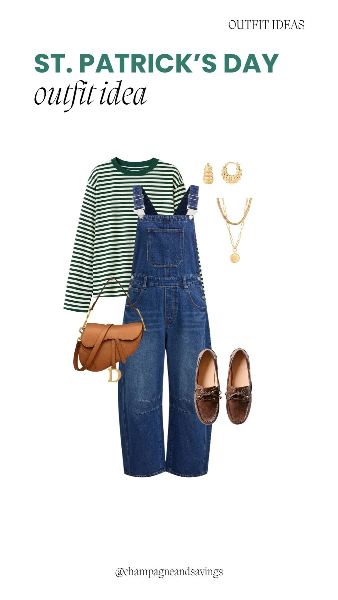 Casual St. Patrick’s Day outfit featuring a green striped top and denim overalls.