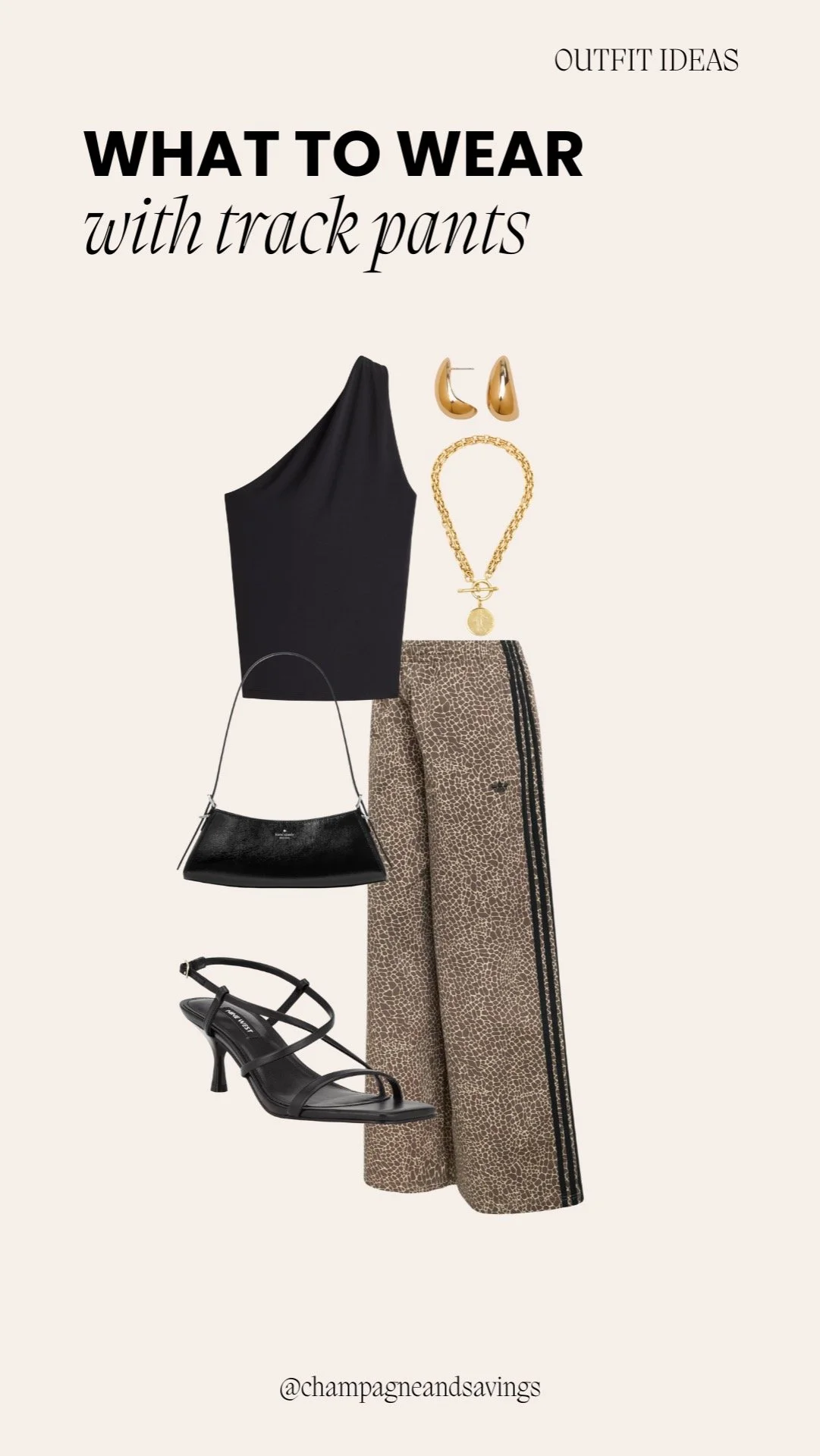 Collage of outfit pieces for a “Leopard Track Pants with a One Shoulder Top” look, featuring leopard print track pants paired with a one-shoulder top and stylish casual accessories, styled in a trendy sporty aesthetic.