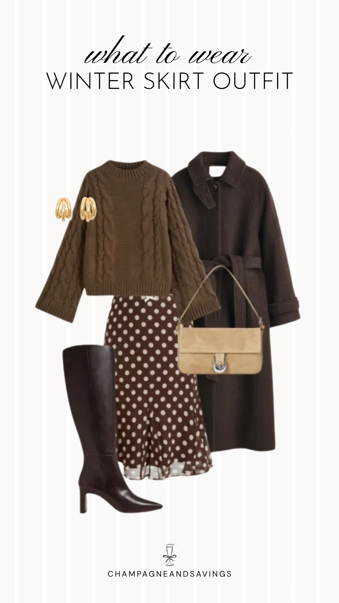 Polka dot skirt and brown sweater winter outfit idea with cozy layers and accessories for a chic cold-weather look.