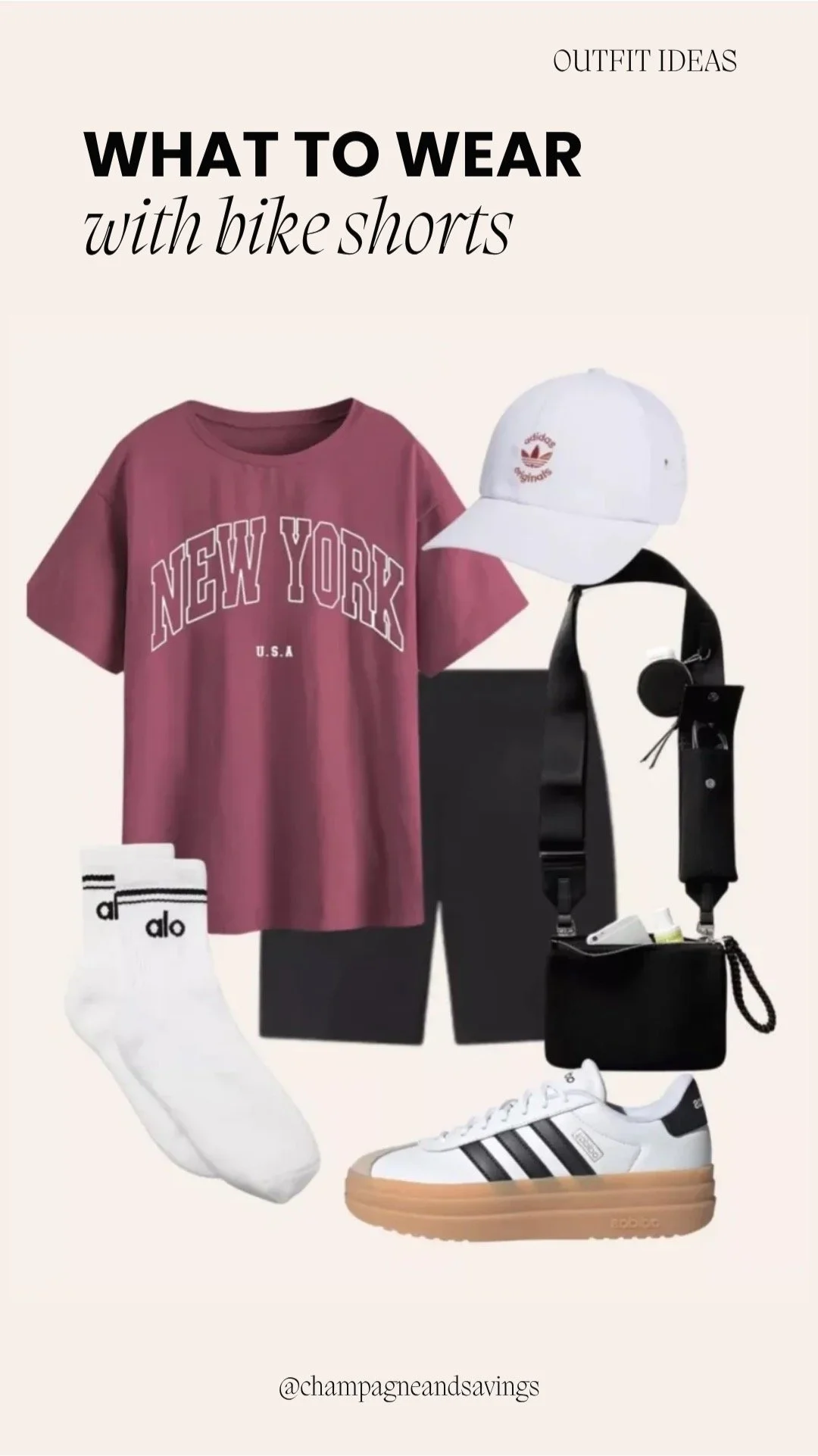 collage of bike shorts outfit idea featuring black bike shorts styled with a graphic tee and platform sneakers, including outfit pieces arranged on a clean background