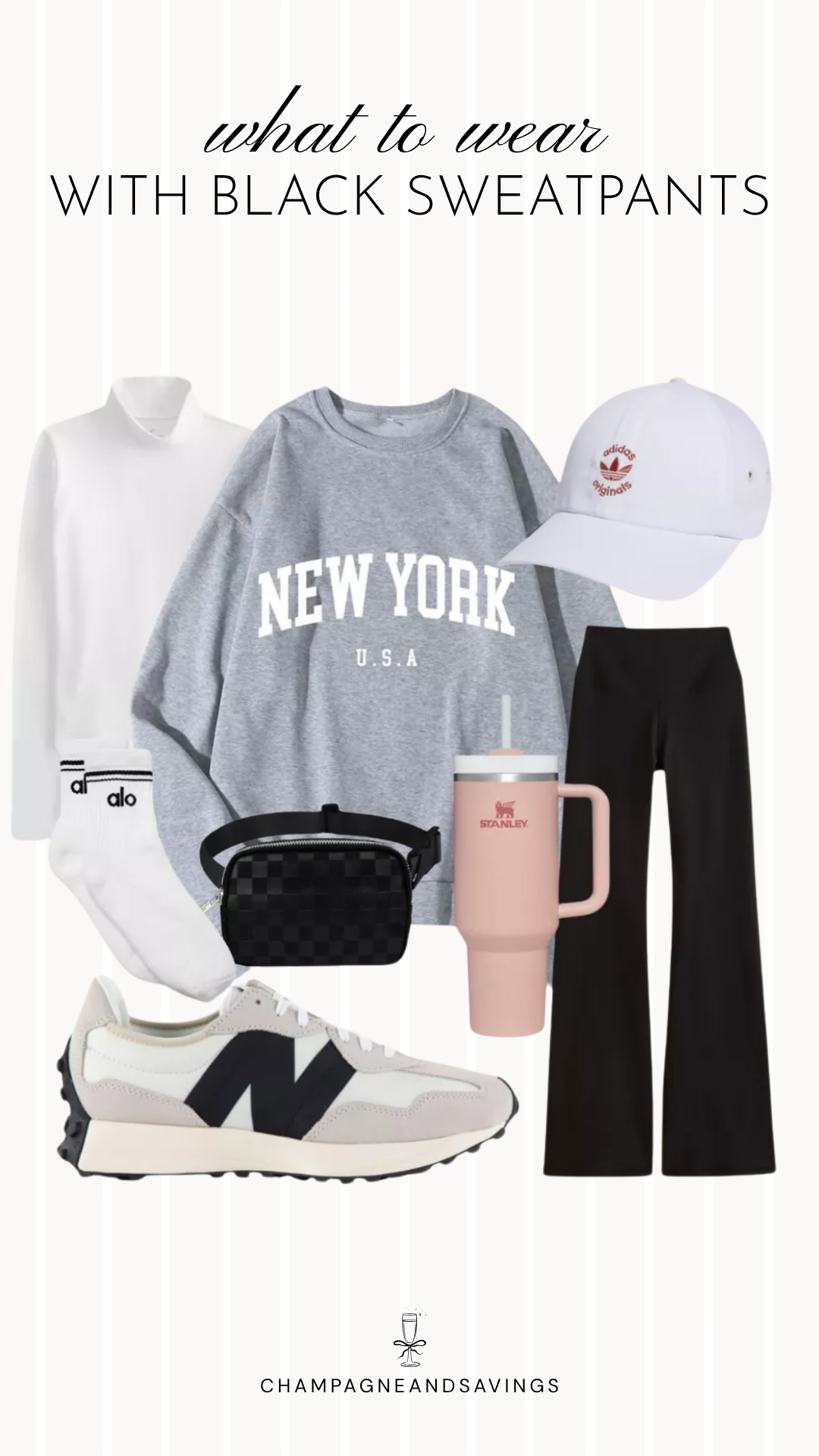 Black sweatpants outfit idea collage featuring a New York graphic sweatshirt styled with black flare pants and a fanny pack for a casual, sporty look.