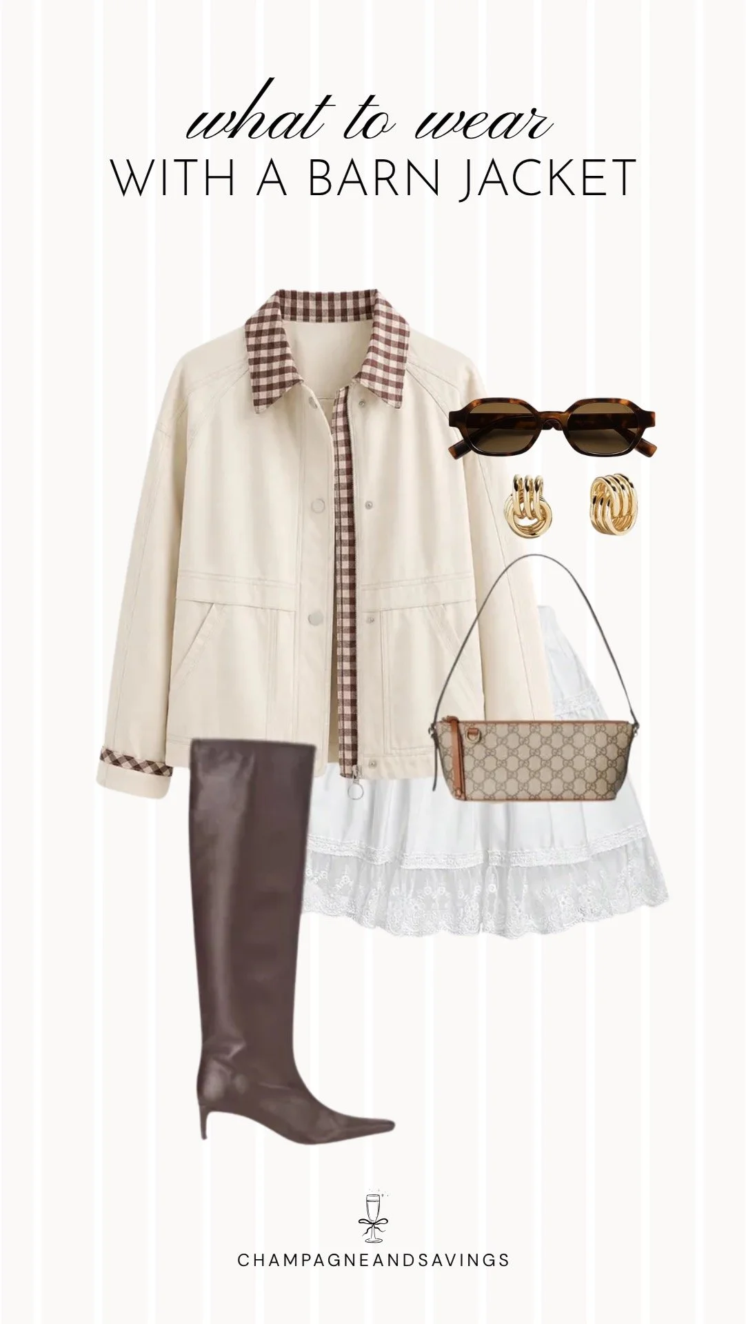 Outfit collage featuring a barn jacket styled with a lace skirt and tall knee boots for a feminine fall outfit with a rustic touch.