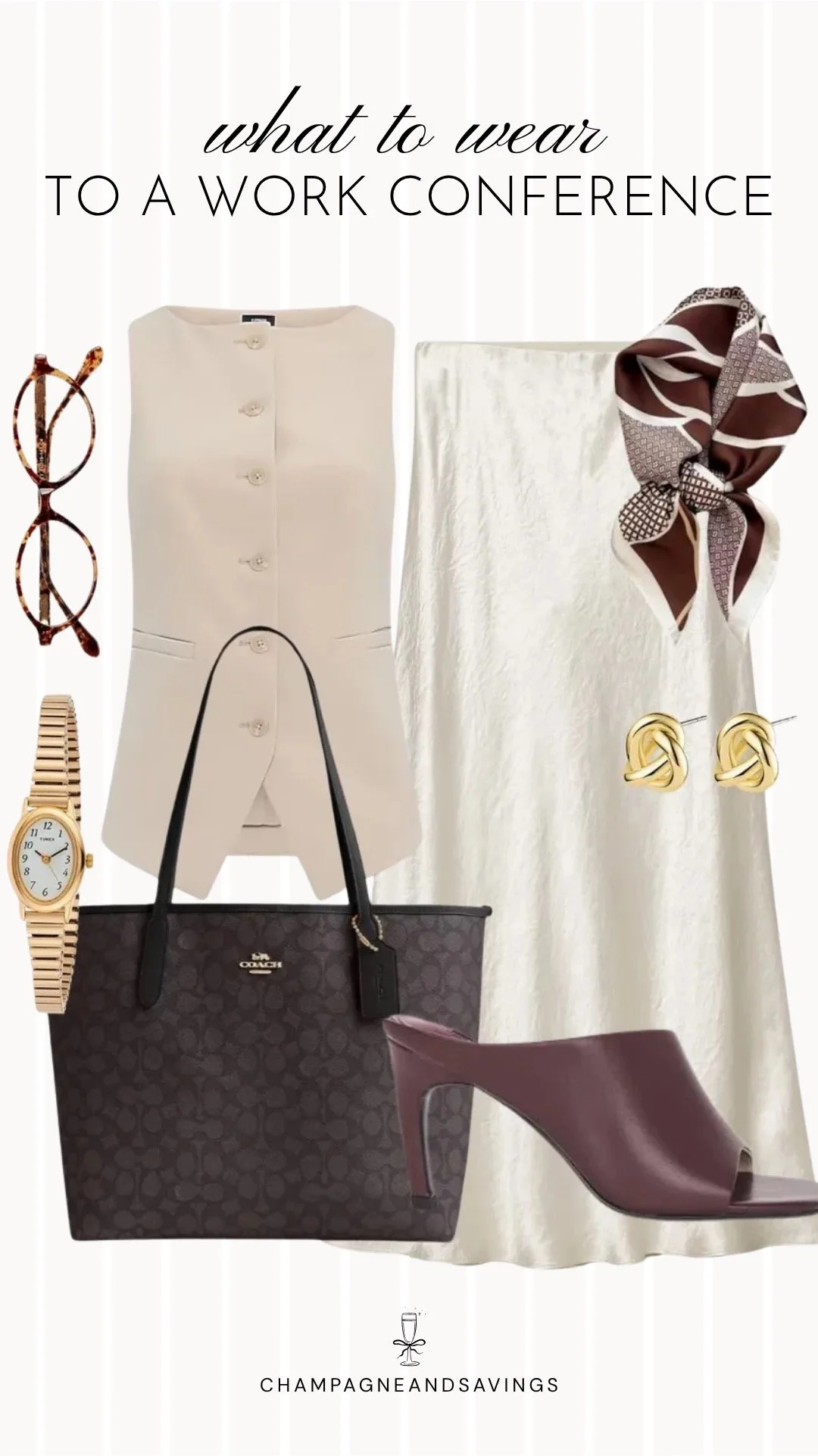 Collage of work conference outfit pieces featuring a cream vest, satin slip skirt, and burgundy mules for an elegant and polished work conference outfit.