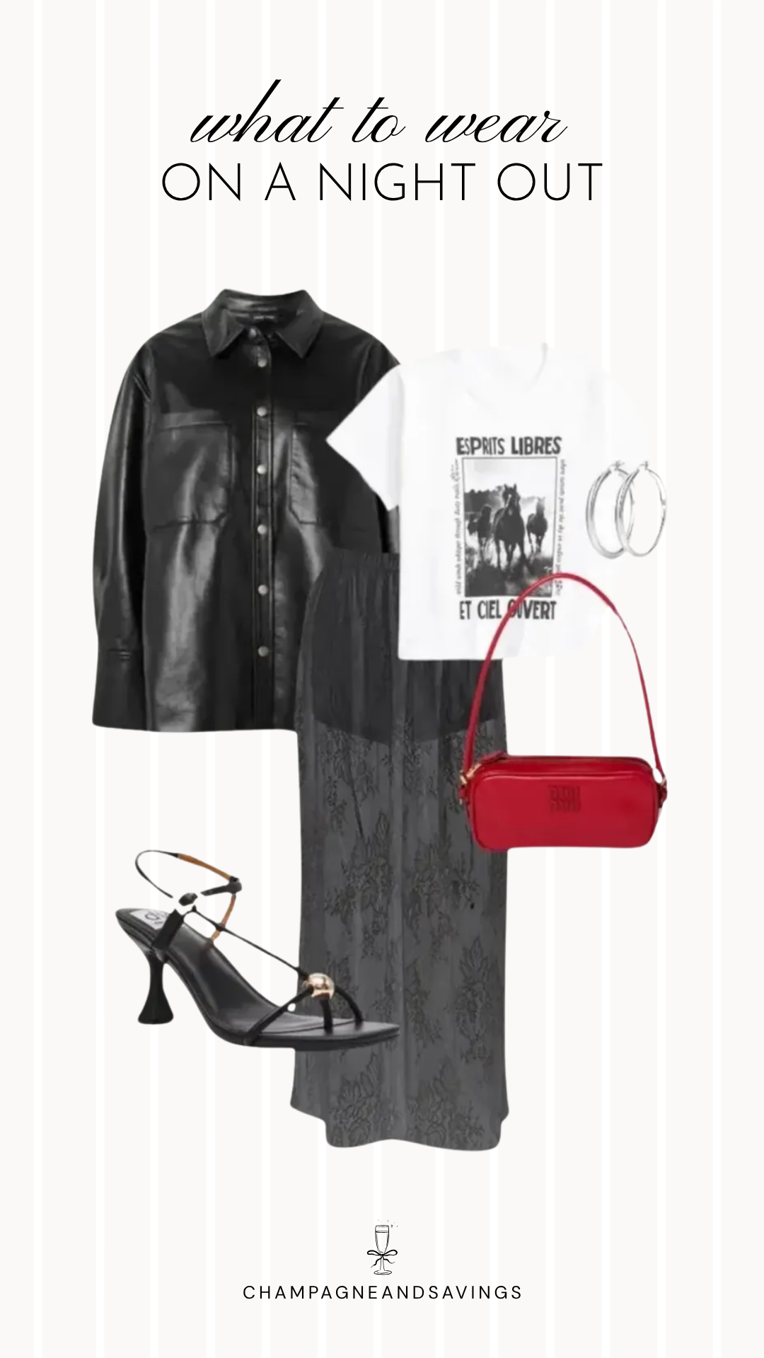 Fall going out outfit idea featuring a leather shirt jacket layered over a graphic tee with a sheer skirt, styled in a collage of outfit pieces for an edgy autumn night out look.