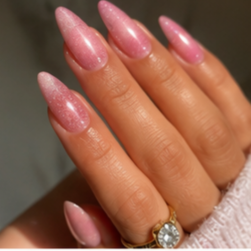 Pink manicure idea featuring pink glitter ombre.