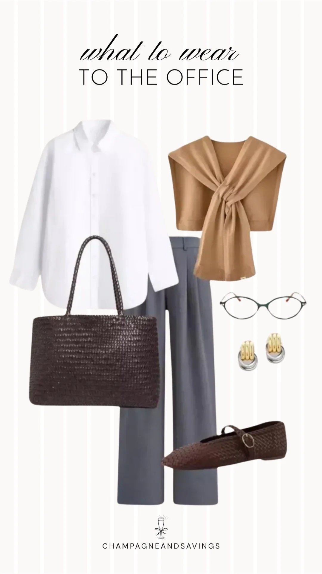 Collage of outfit pieces featuring a white button-down shirt paired with grey trousers and a sweater draped over the shoulders for a polished outfit with a timeless, professional look.