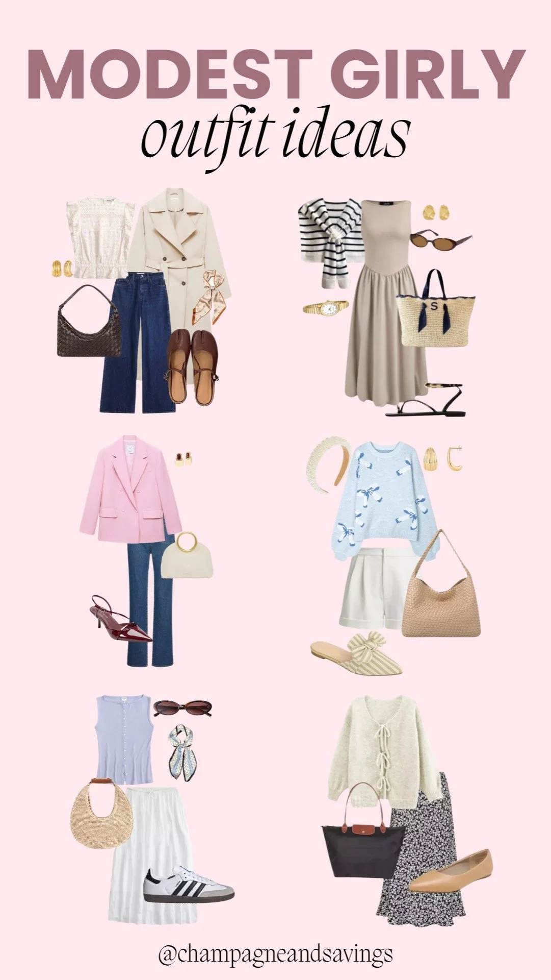 Collage of various modest girly outfit ideas, showing different clothing combinations with skirts, dresses, tops, and accessories to inspire easy-to-copy looks.