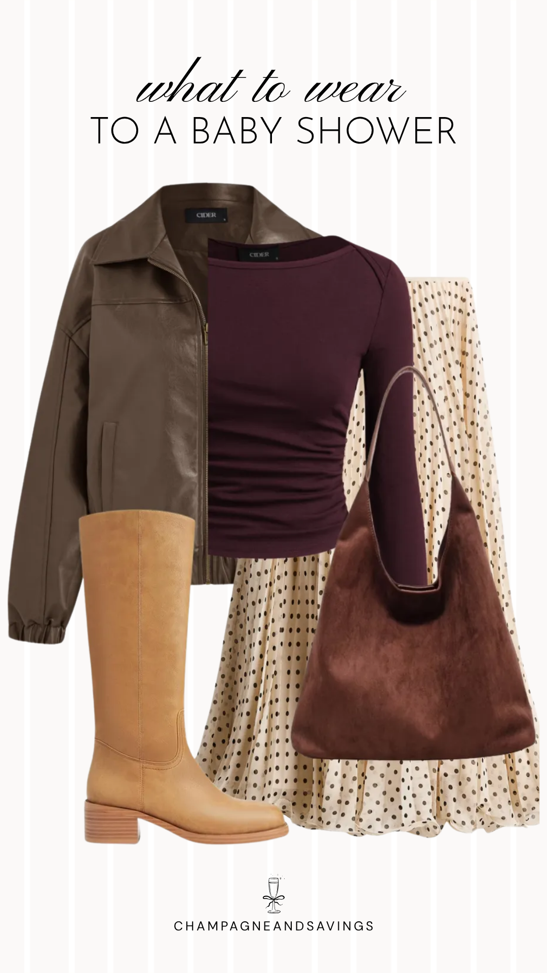 Collage of outfit pieces featuring a faux leather jacket paired with a polka dot skirt, coordinating top, shoes, handbag, and accessories for a chic and trendy baby shower guest outfit idea.